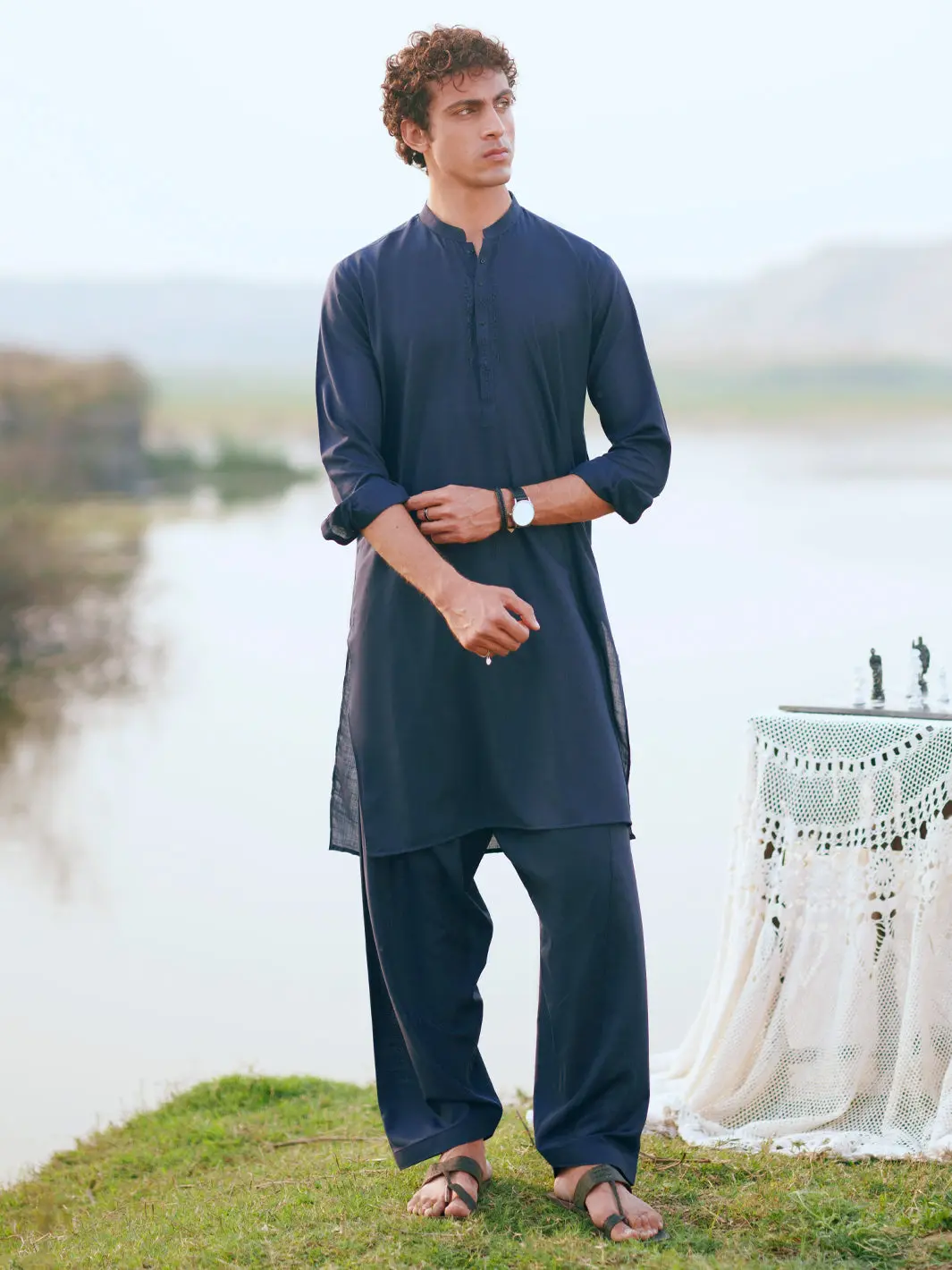 Navy Blue Cut & Sew Kameez Shalwar - Al-Ks-3344 1