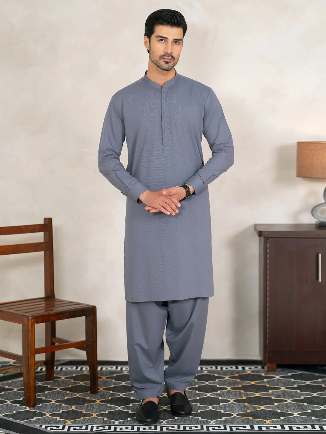 Grey Plain Kameez Shalwar - Al-Ks-3351 1