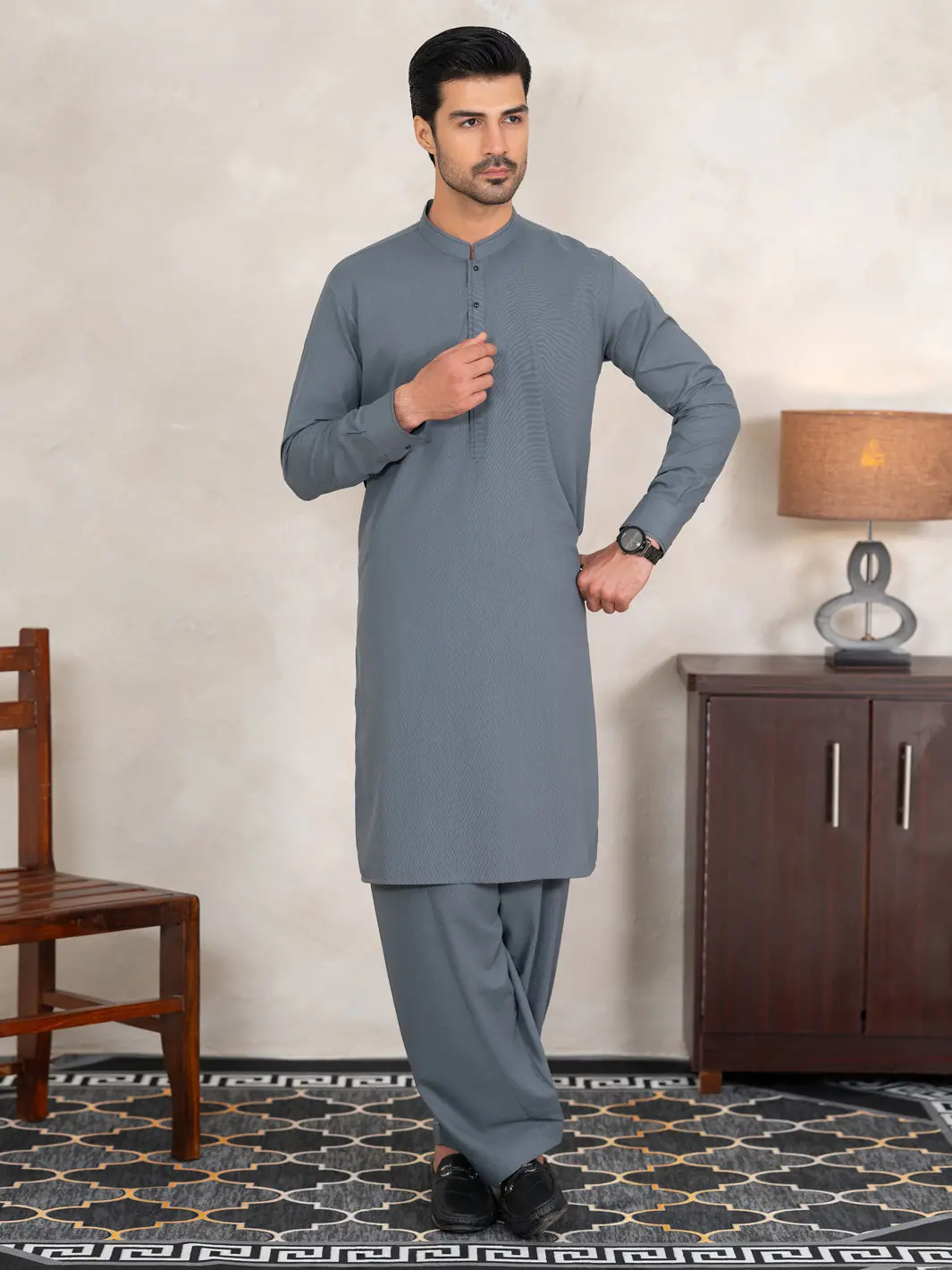 Bluish Grey Cut & Sew Kameez Shalwar - Al-Ks-3354 1