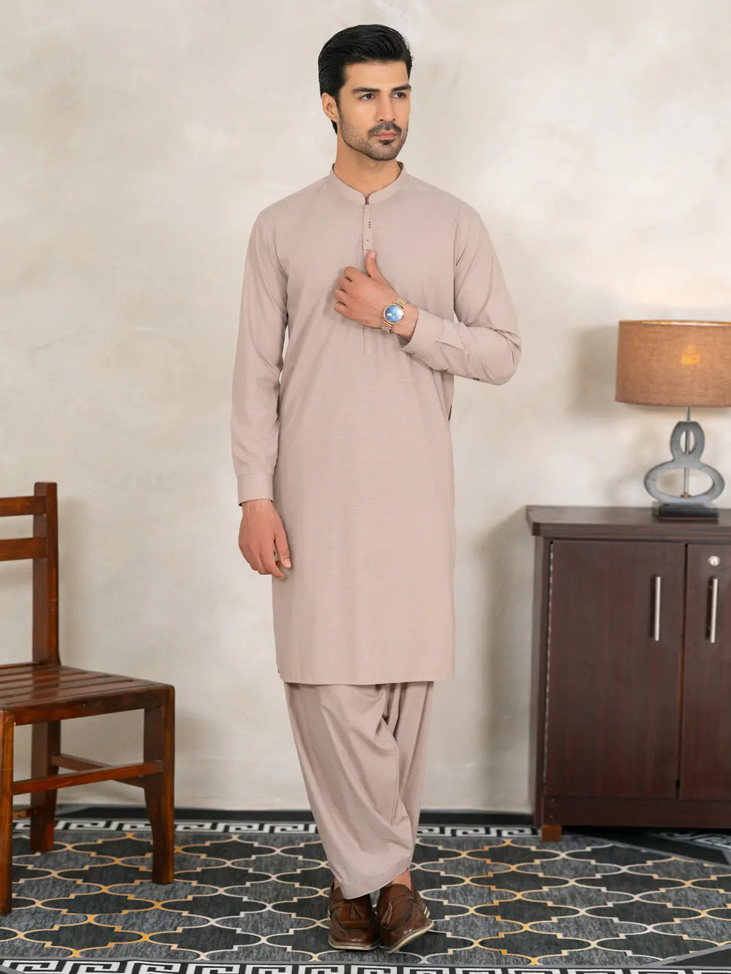 Beige Semi-Formal Kameez Shalwar - Al-Ks-3362 1