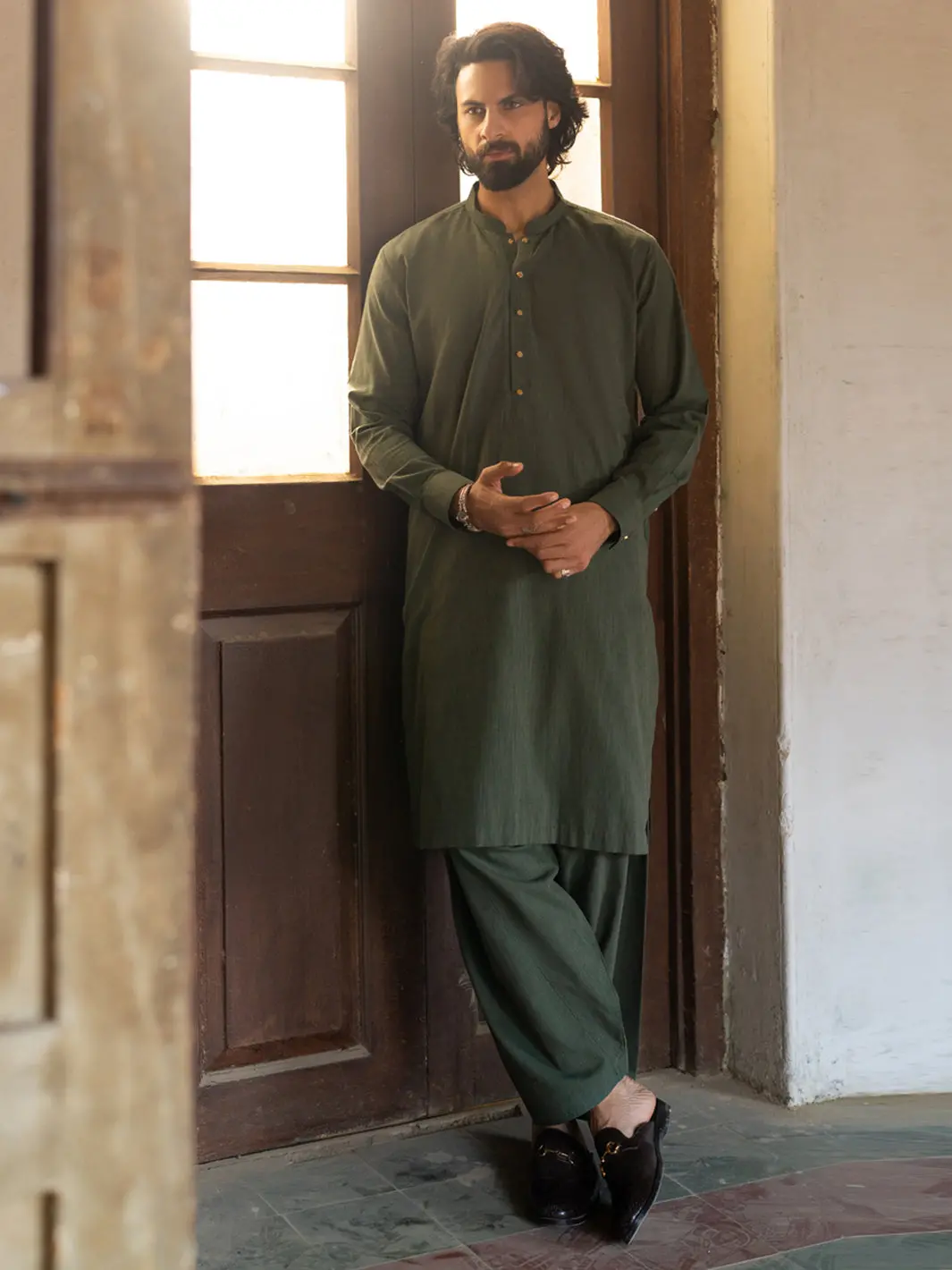 Olive Green Cut & Sew Kameez Shalwar - Al-Ks-3503 1