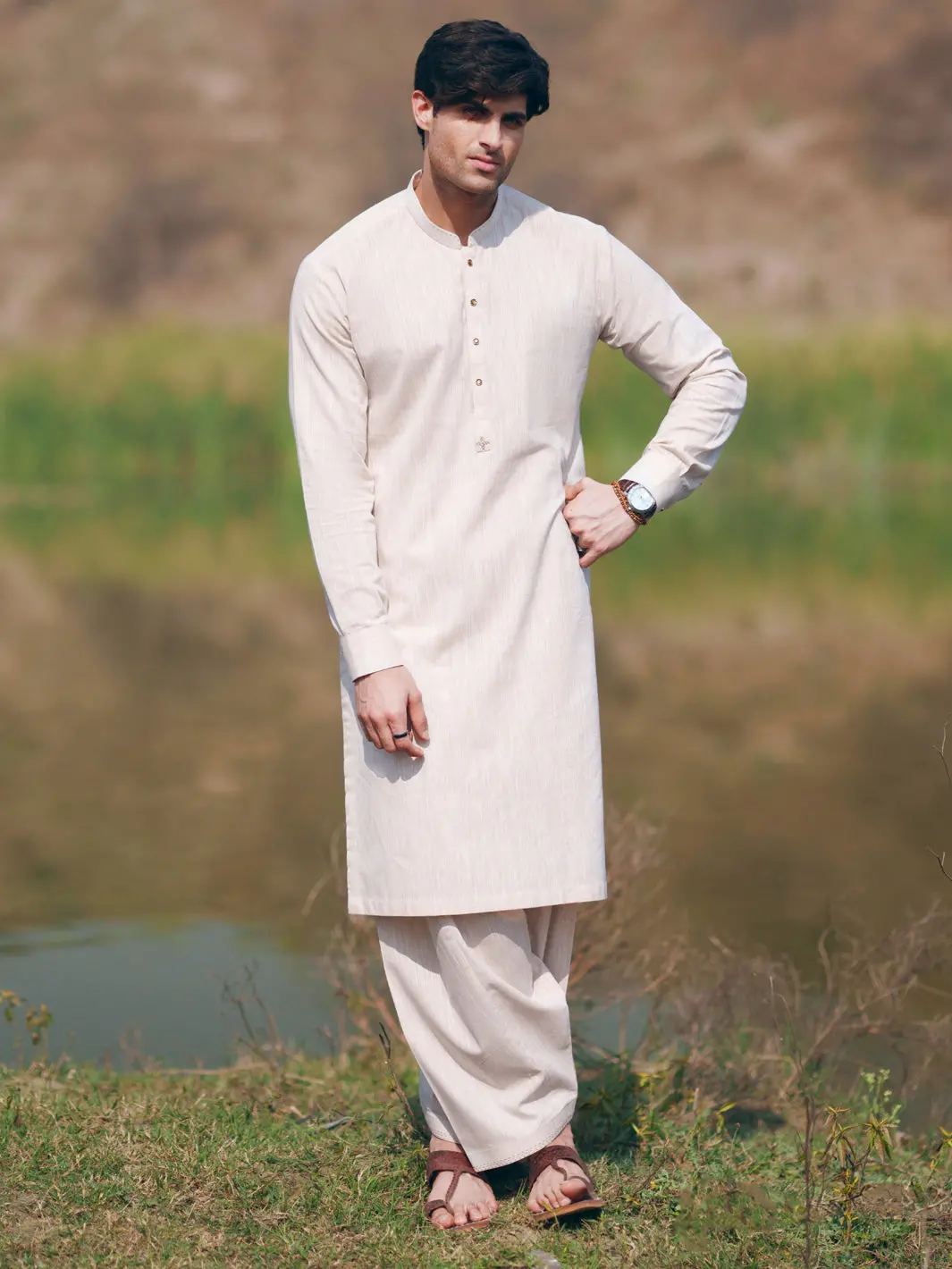 Beige Cut & Sew Kameez Shalwar - Al-Ks-3507 1
