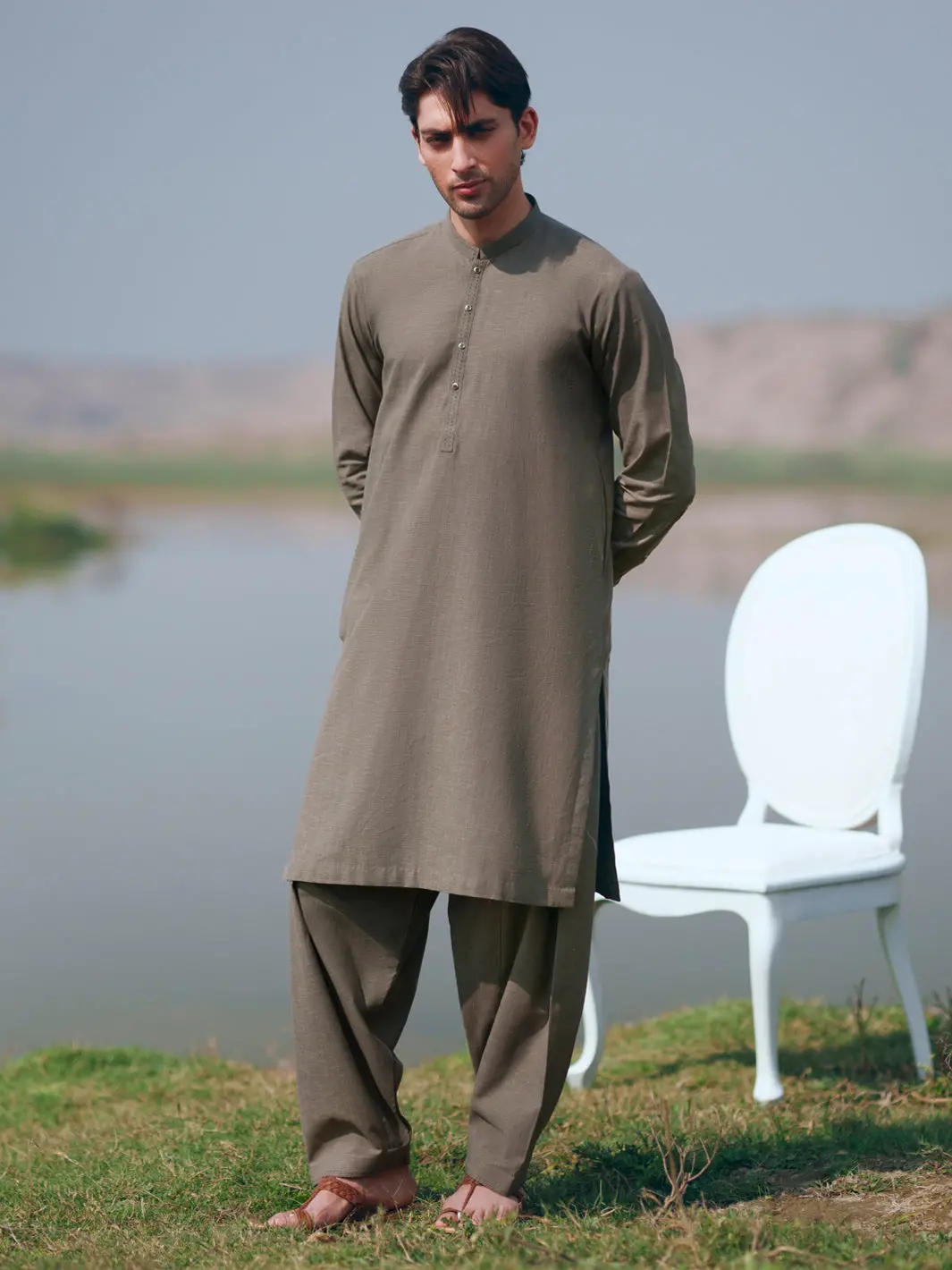 Olive Green Cut & Sew Kameez Shalwar - Al-Ks-3509 1