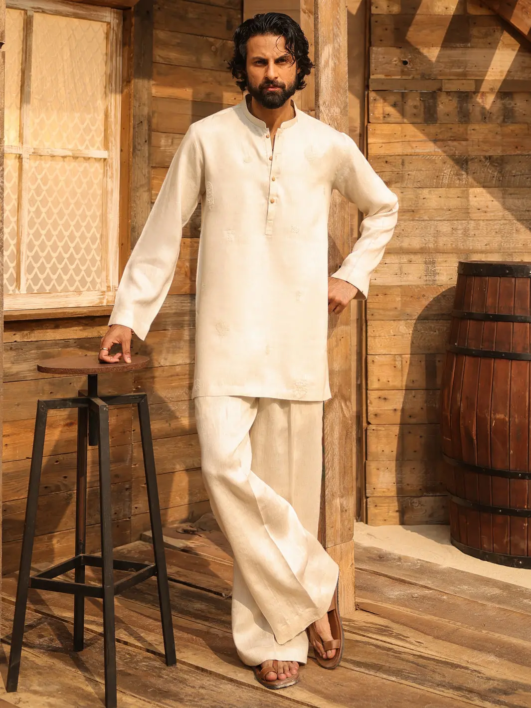 Off White Cotton Semi-Formal Kurta Trousers - Al-Kt-3314 1