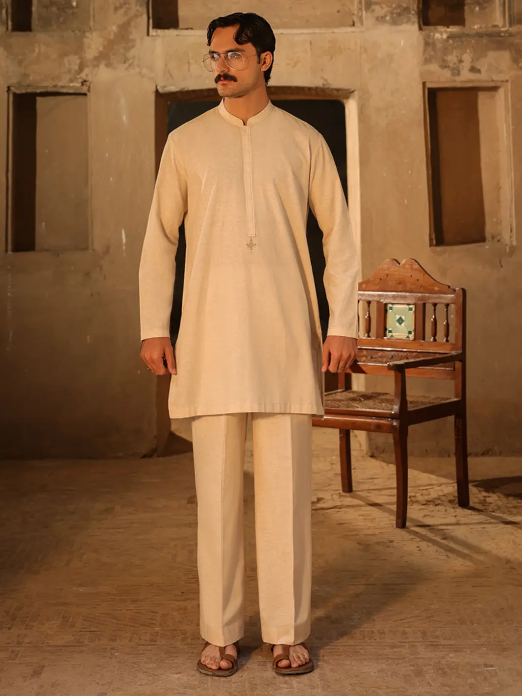 Cream Semi-Formal Kurta Trousers - Al-Kt-3323A 1