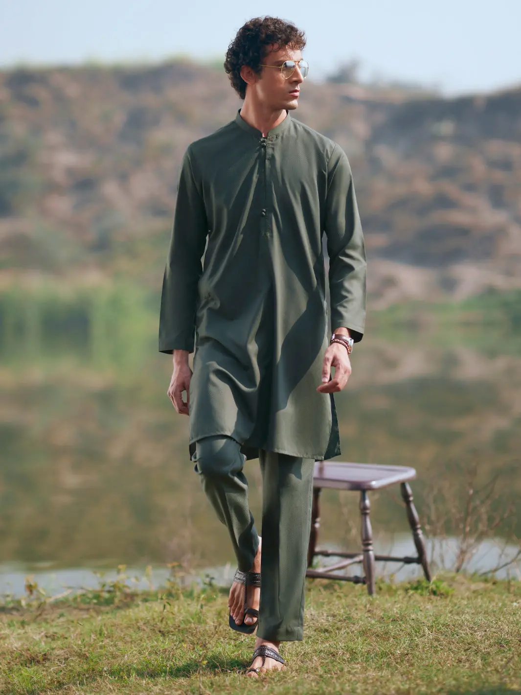 Green Semi-Formal Kurta Trousers - Al-Kt-3402A 1