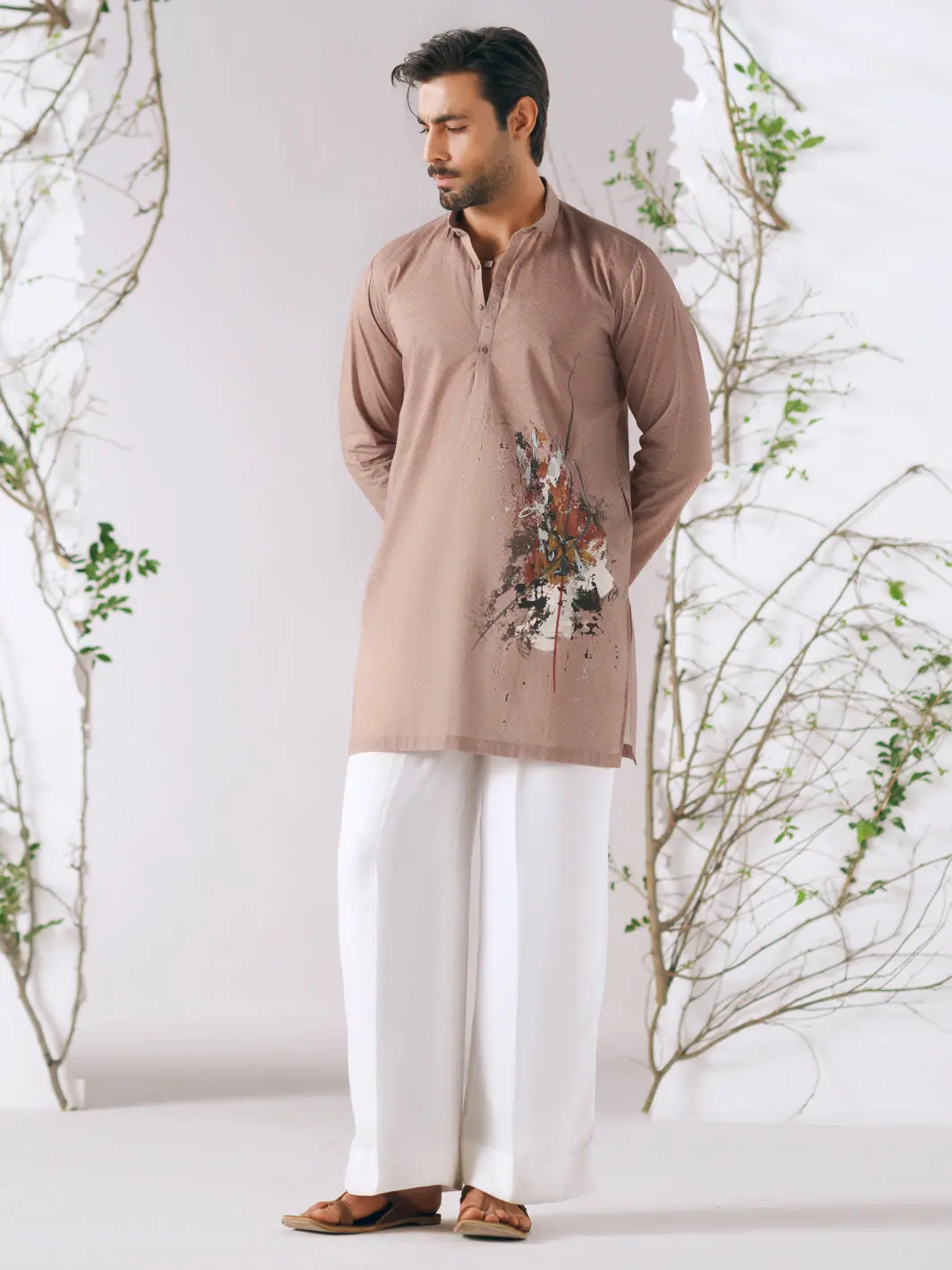 Beige Cotton Plain Kurta Trousers - Al-Kt-3411 1