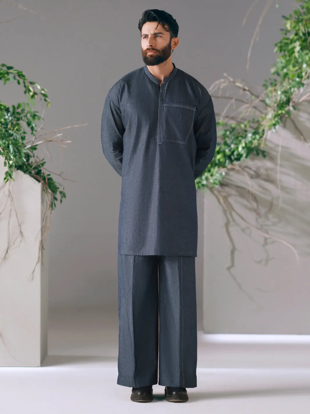 Blue Cotton Cut & Sew Kurta Trousers - Al-Kt-3420 1
