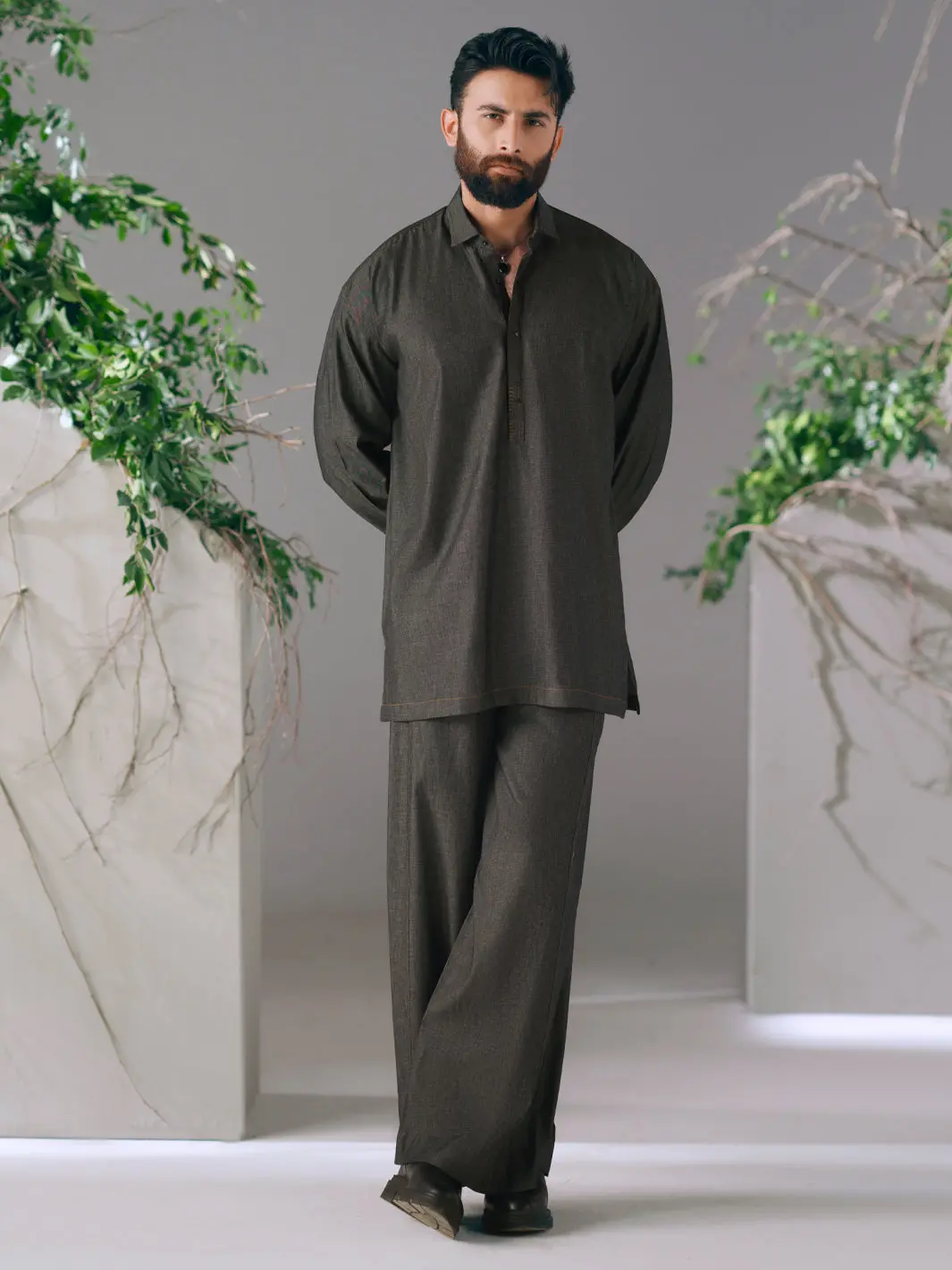 Charcoal Cotton Cut & Sew Kurta Trousers - Al-Kt-3422 1