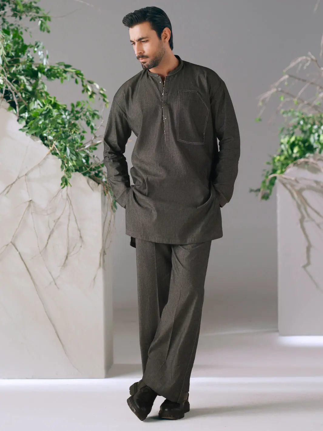 Charcoal Cotton Cut & Sew Kurta Trousers - Al-Kt-3423 1