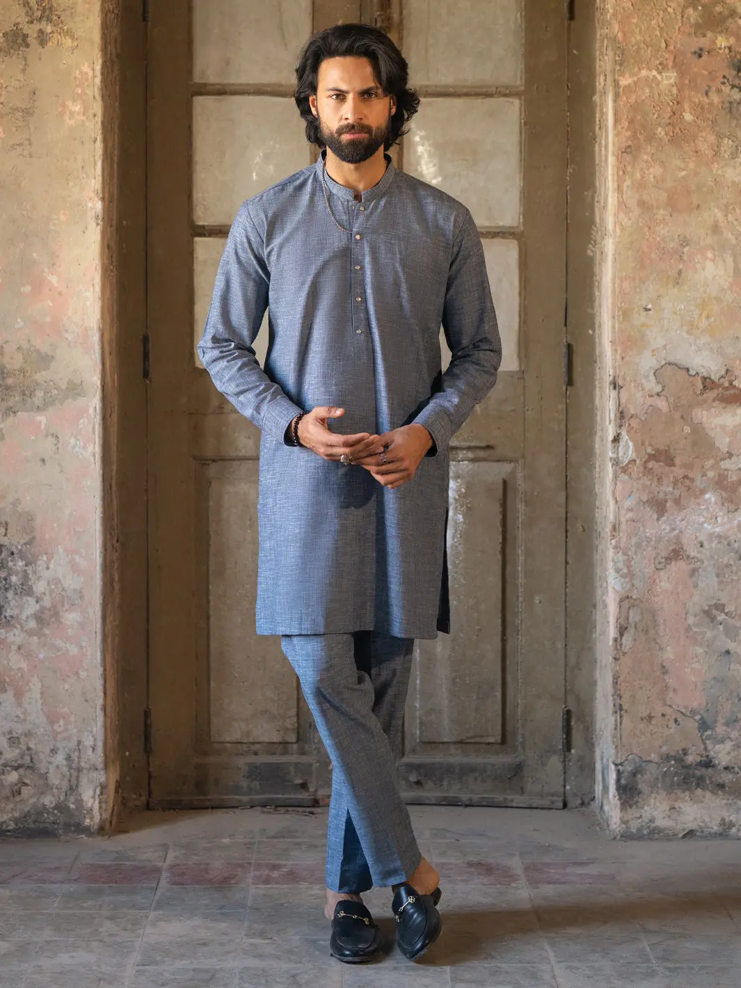Ice Blue Cut & Sew Kurta Trousers - Al-Kt-3502 1