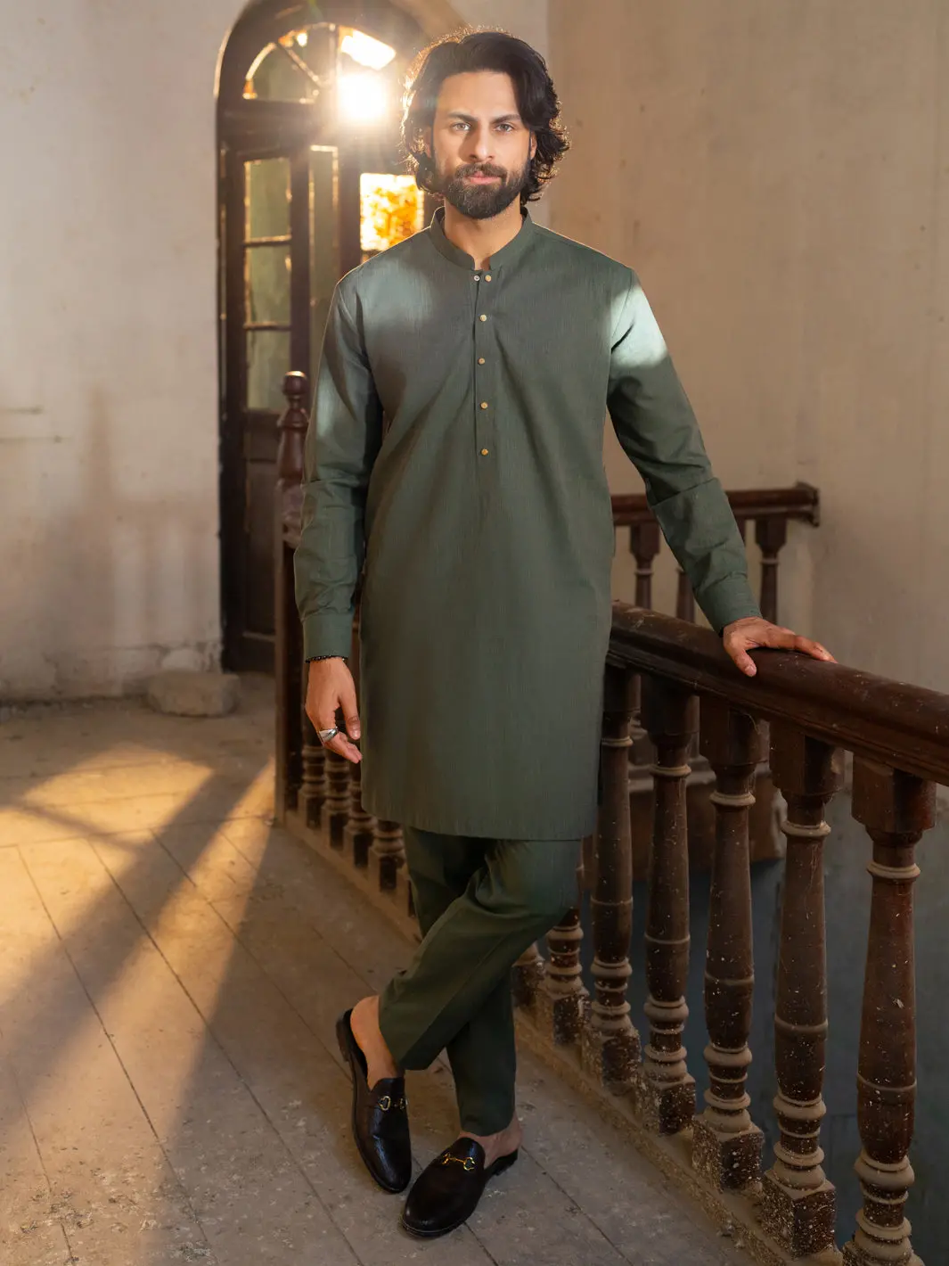 Olive Green Cut & Sew Kurta Trousers - Al-Kt-3503 1