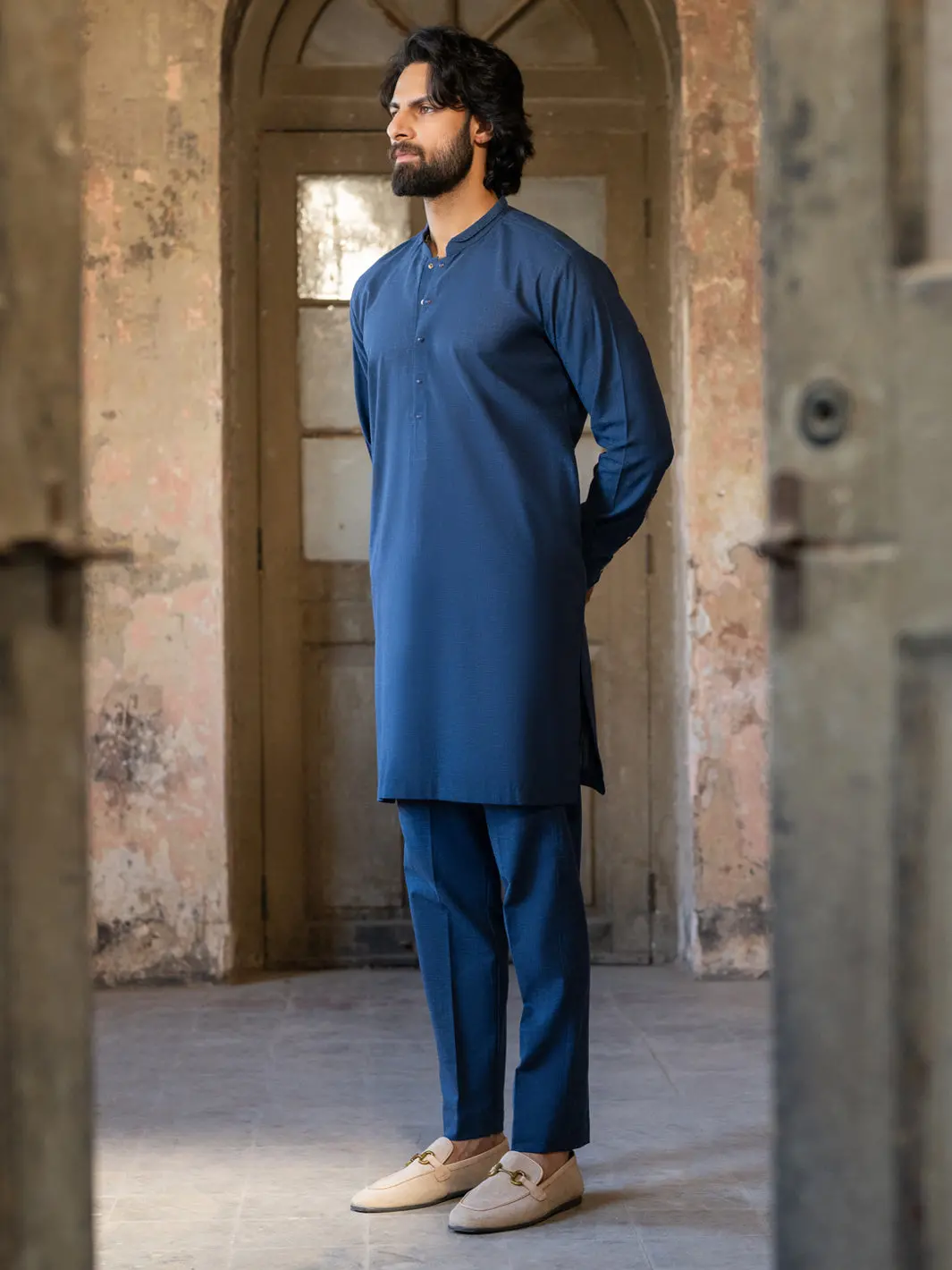 Dark Blue Cut & Sew Kurta Trousers - Al-Kt-3510 1