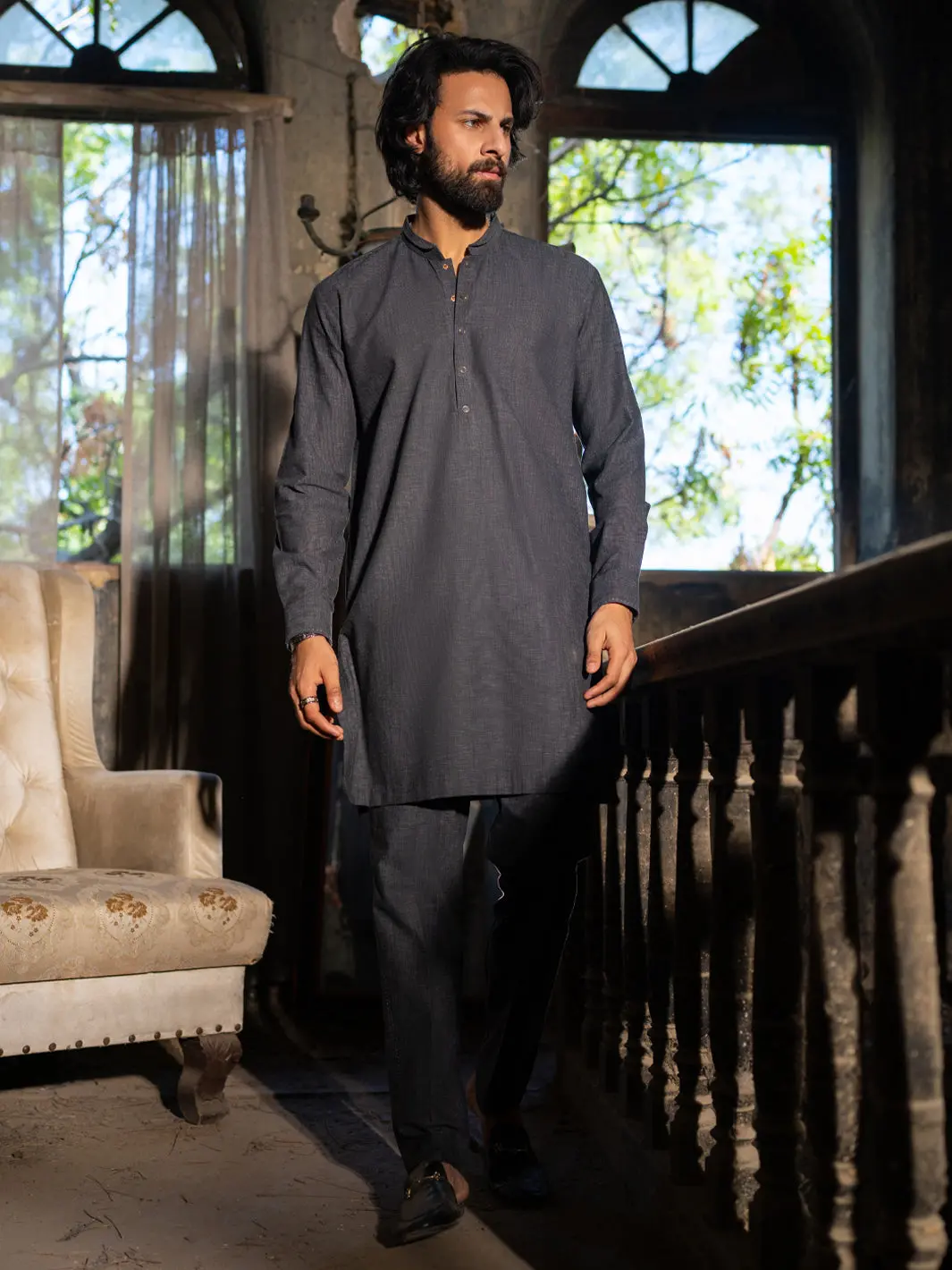 Charcoal Grey Cut & Sew Kurta Trousers - Al-Kt-3512 1