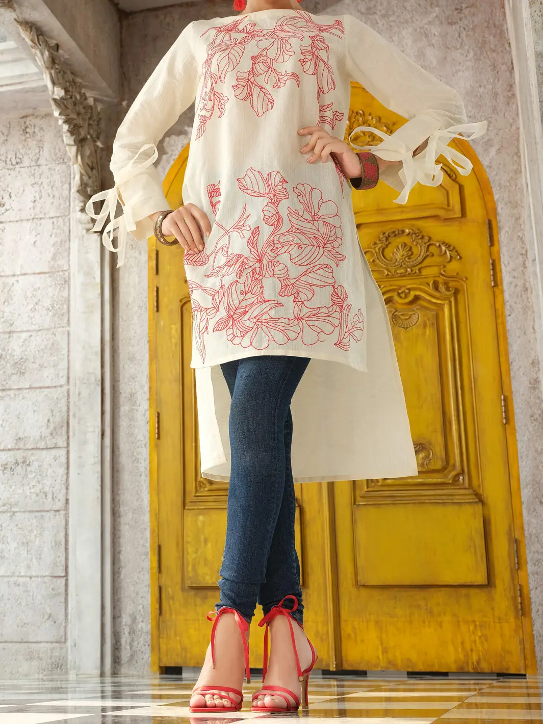 Off White Cotton/Dobby Net Tunic - Al-Lk-722 1
