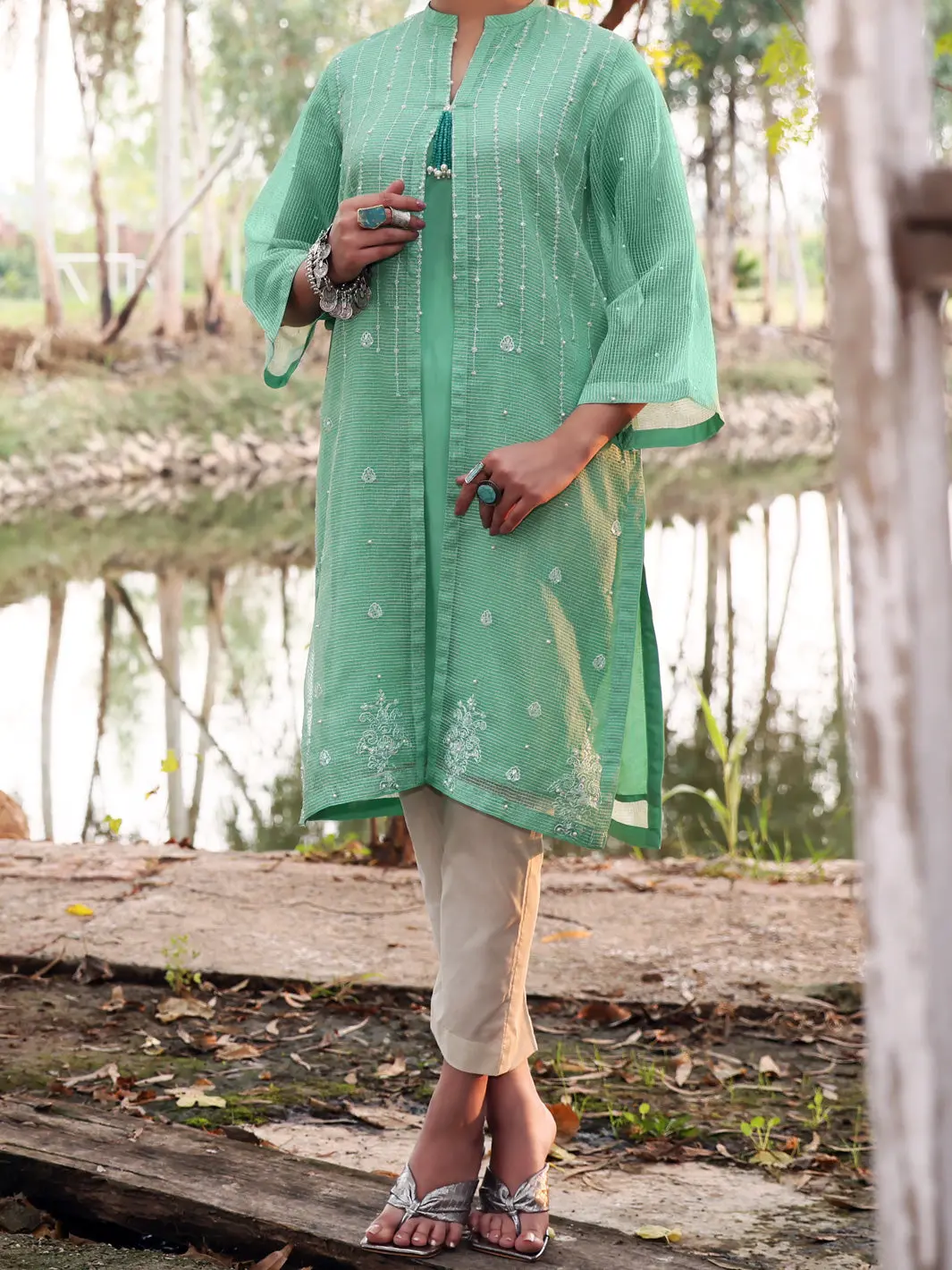 Green Khaddi Net Tunic - Al-Lk-778 1