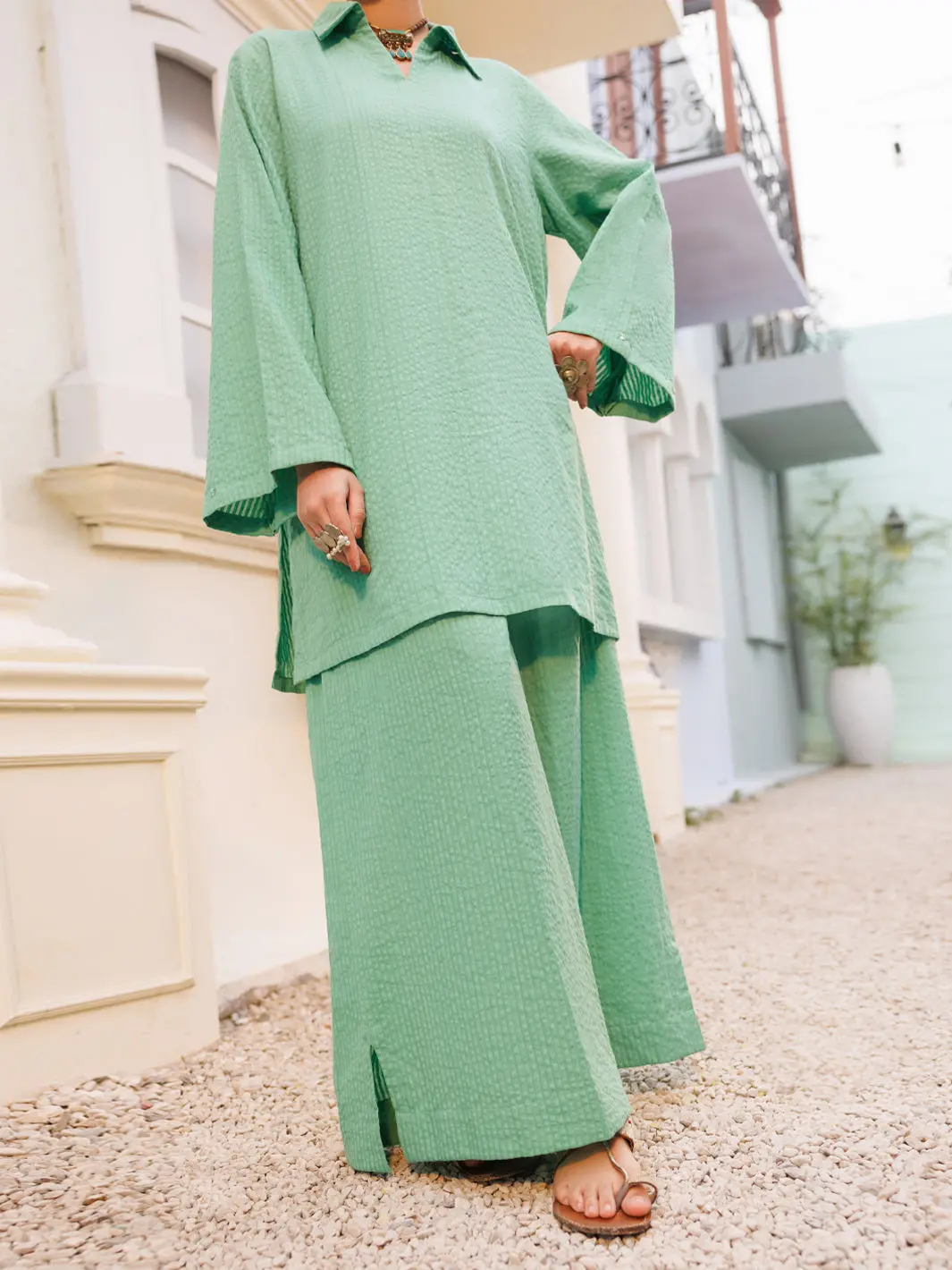 Green Seersucker 2Pc Stitched - Al-2Ps-Lks-1122 1