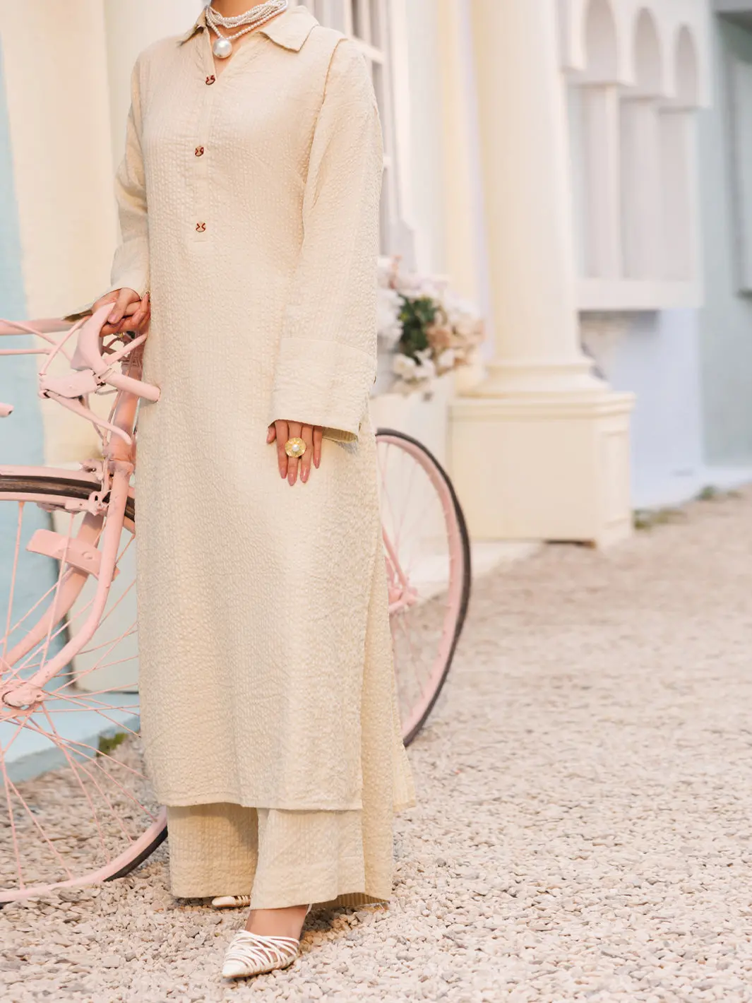 Beige Seersucker 2Pc Stitched - Al-2Ps-Lks-1125 1