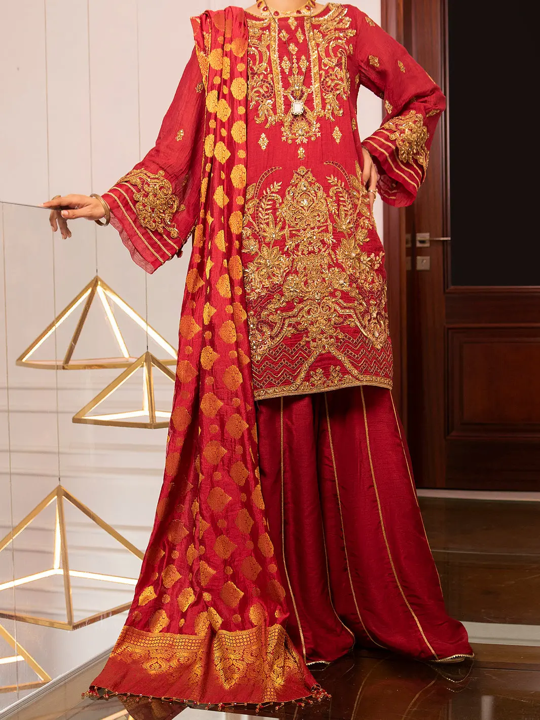 Red Cotton Masori 3Pc Formal Unstitched - Al-3Ps-Ls-Un-345 1