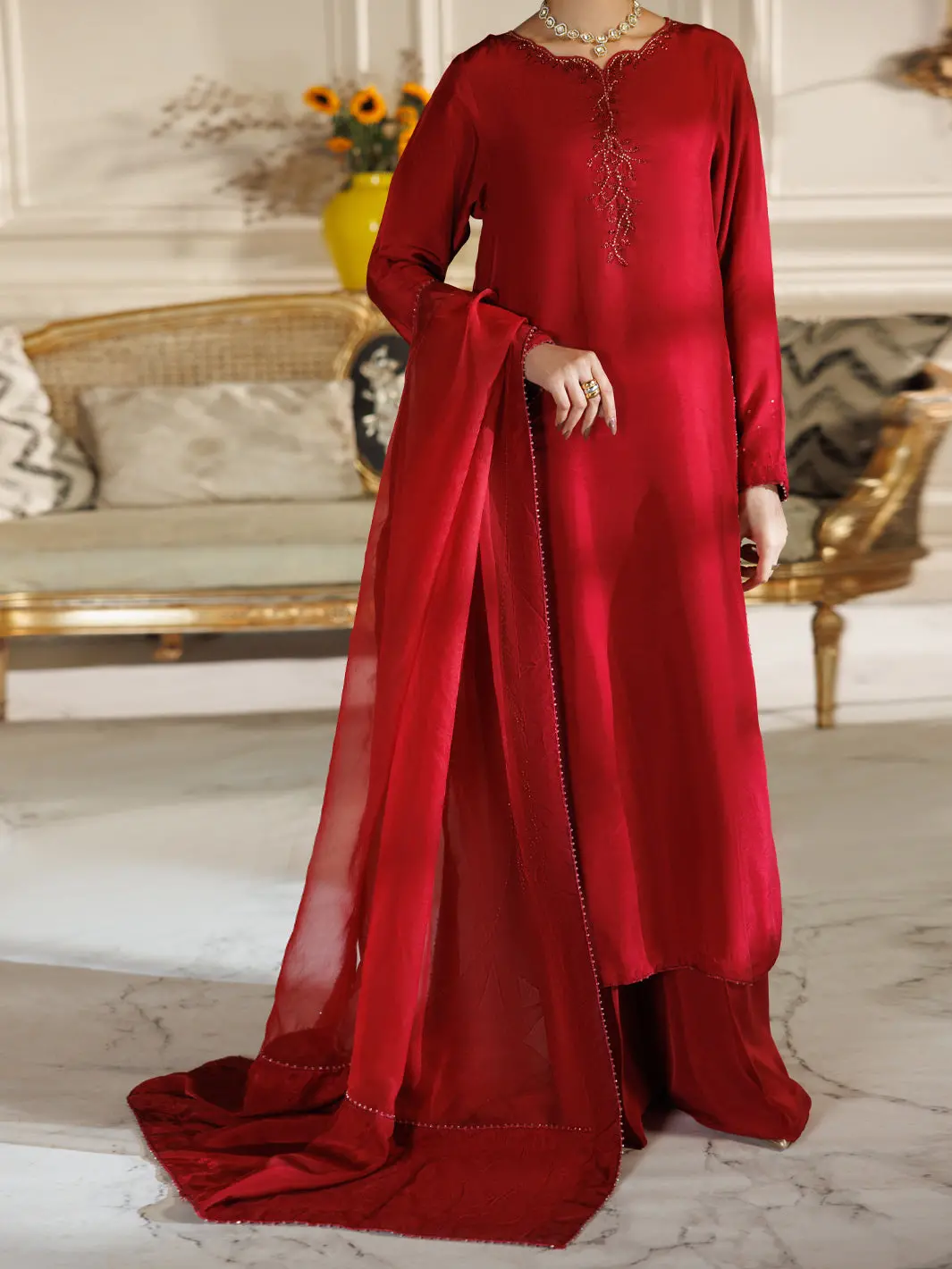 Red Viscose Formal Stitched 3Pc - Al-3Ps-Ls-589 1