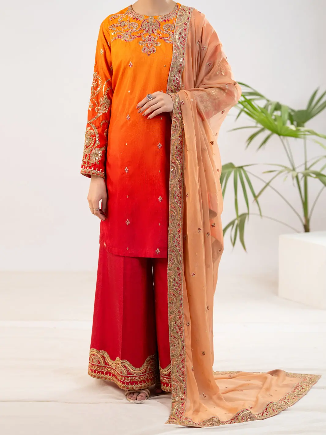 Orange Raw Silk Formal 3Pc Stitched - Al-3Ps-Ls-598 1