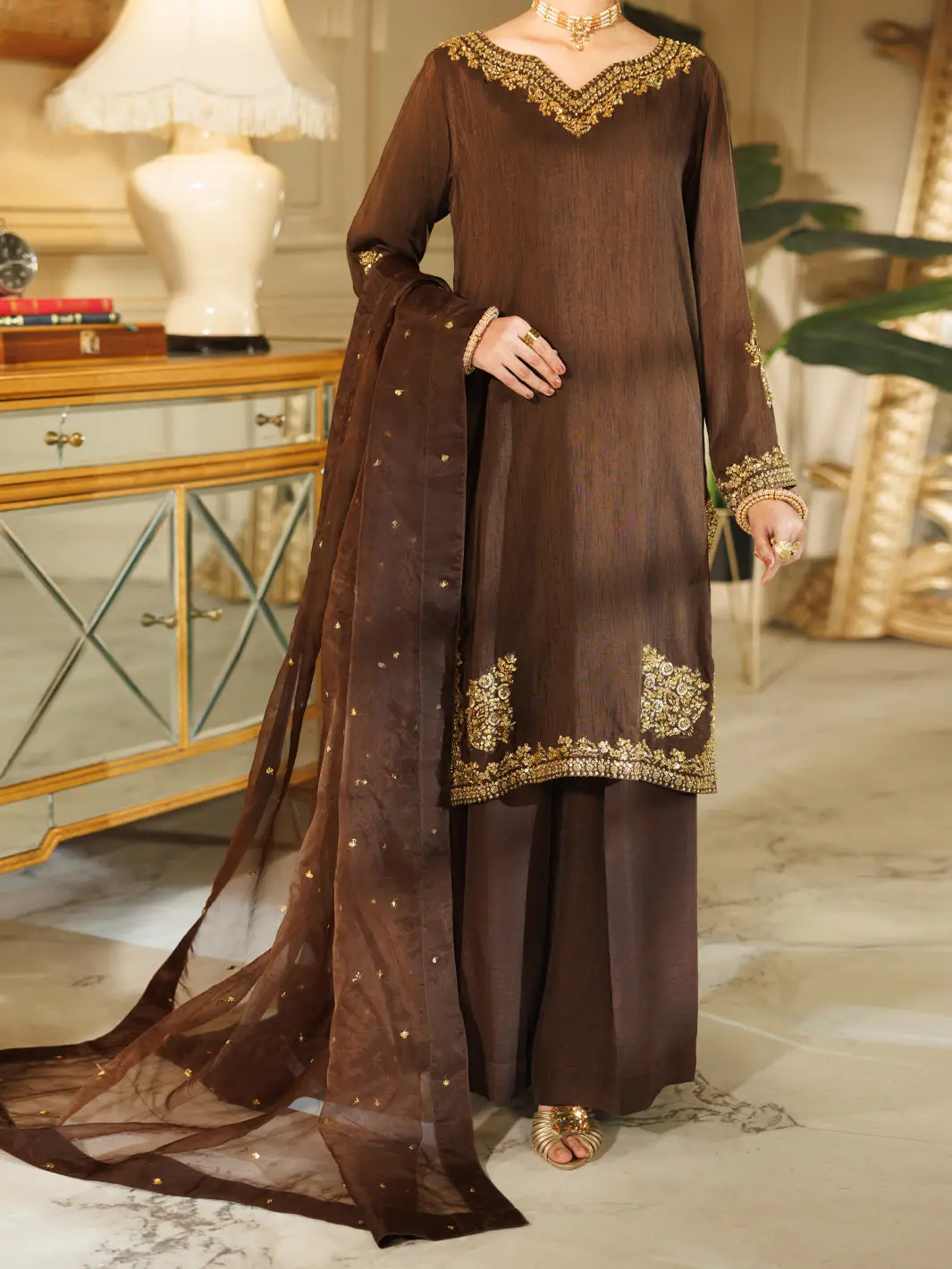 Brown Raw Silk Formal Stitched 3Pc - Al-3Ps-Ls-609 1
