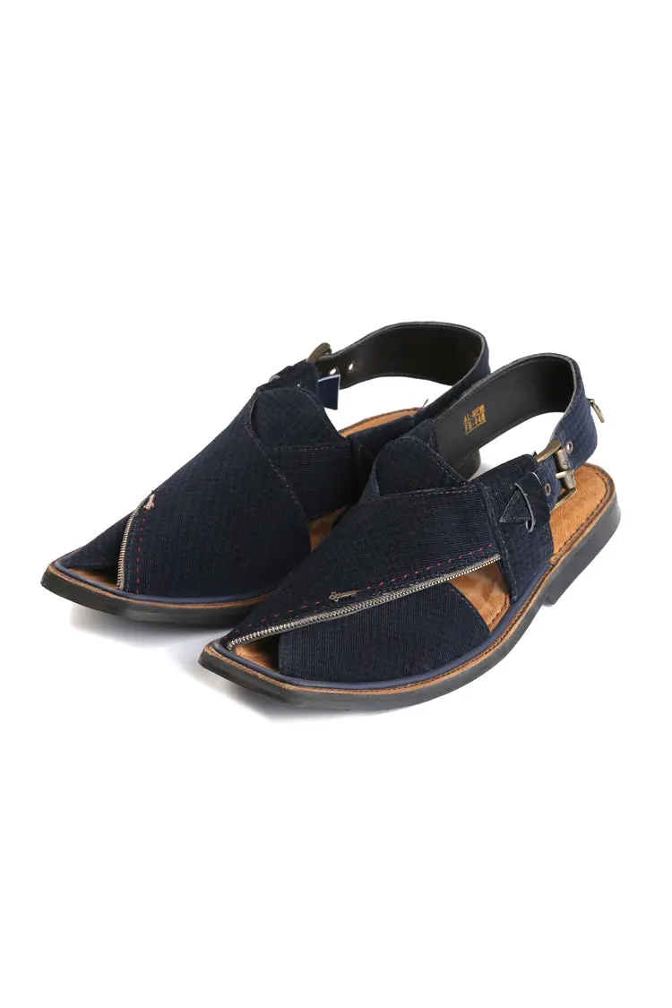 Dark Blue Leather Peshawari Chappal - Al-Mfw-Fb-048 1