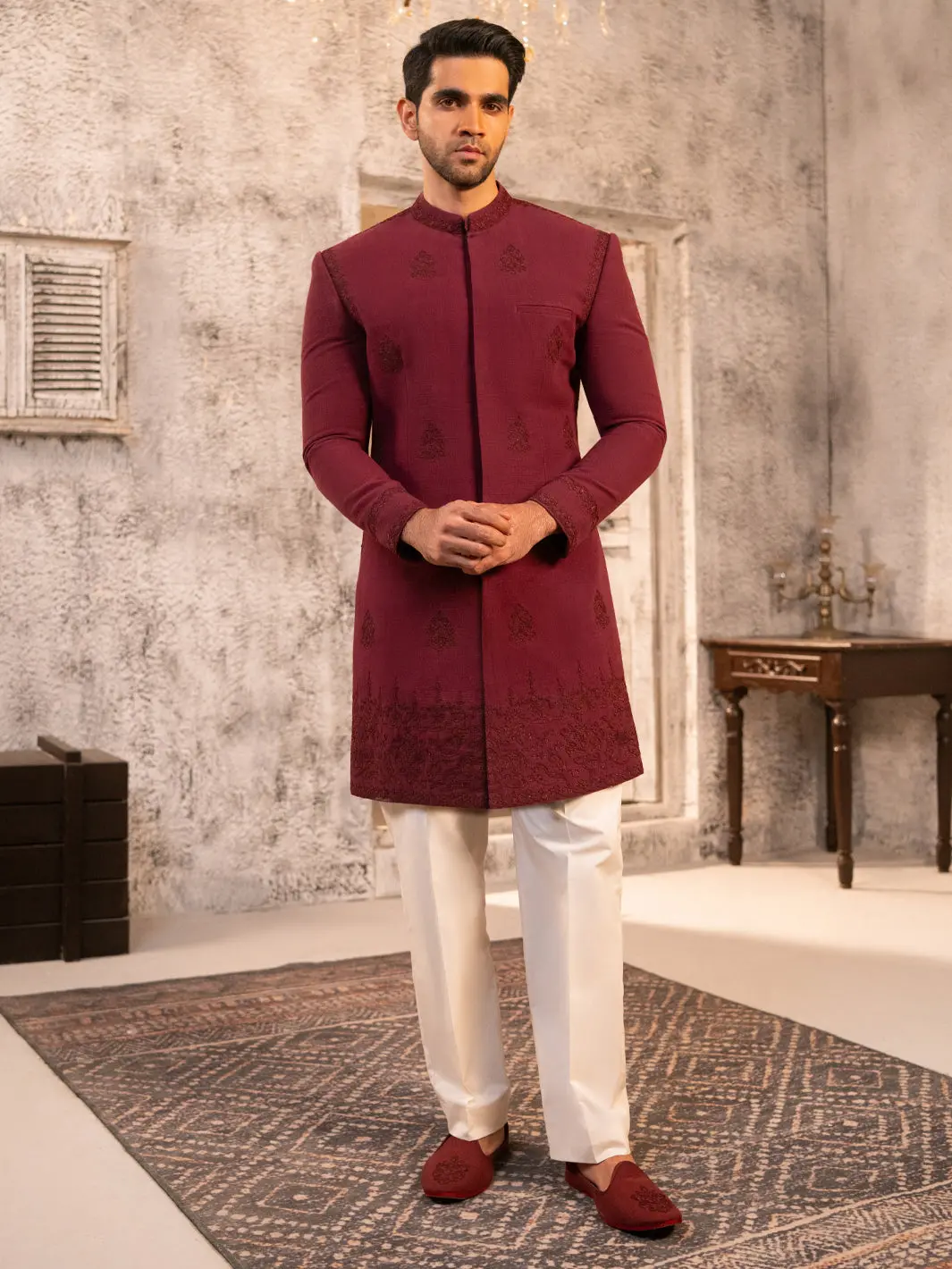 Maroon Cotton Sherwani - Al-Sw-153 1