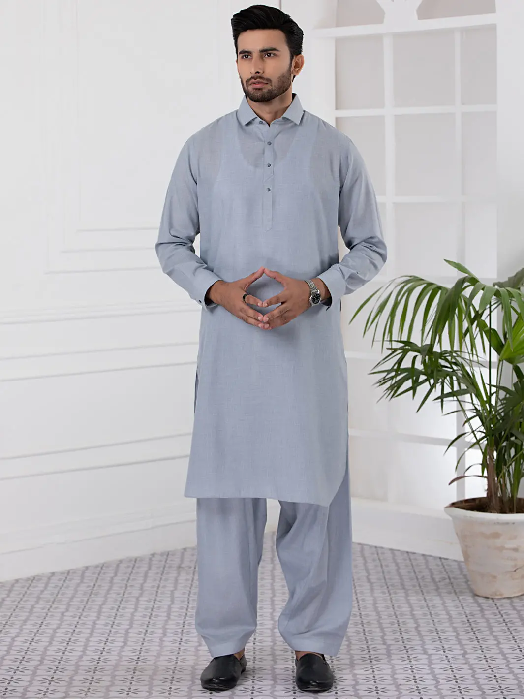 Light Grey Blended Kameez Shalwar - Alwa-Ks-332 1