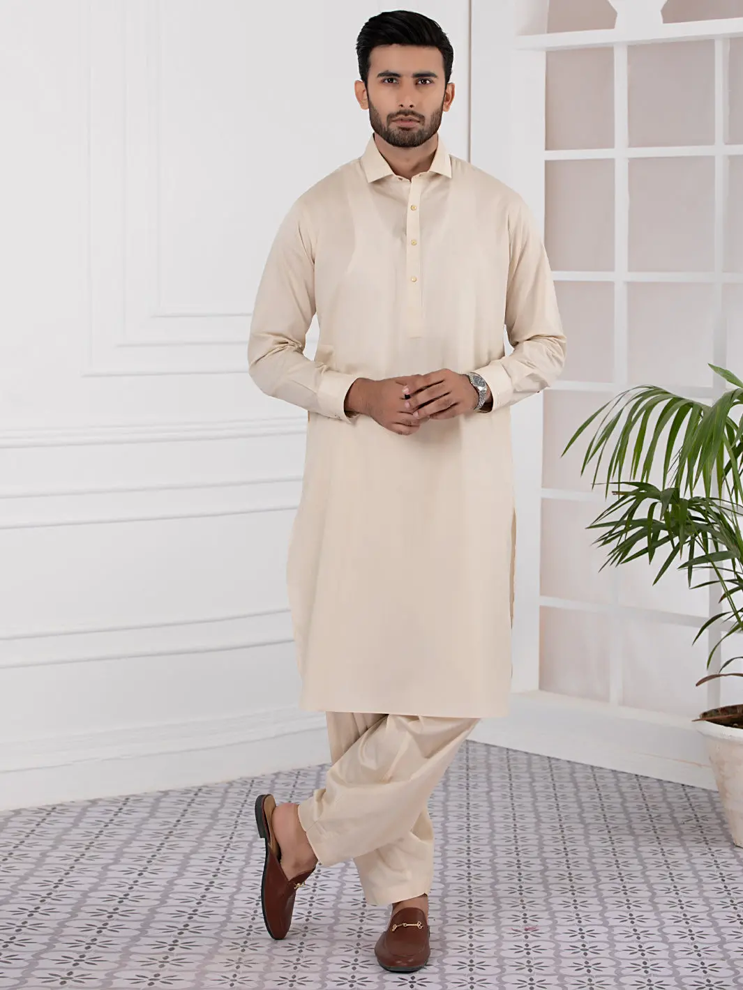 Cream Cotton Kameez Shalwar - Alwa-Ks-335 1