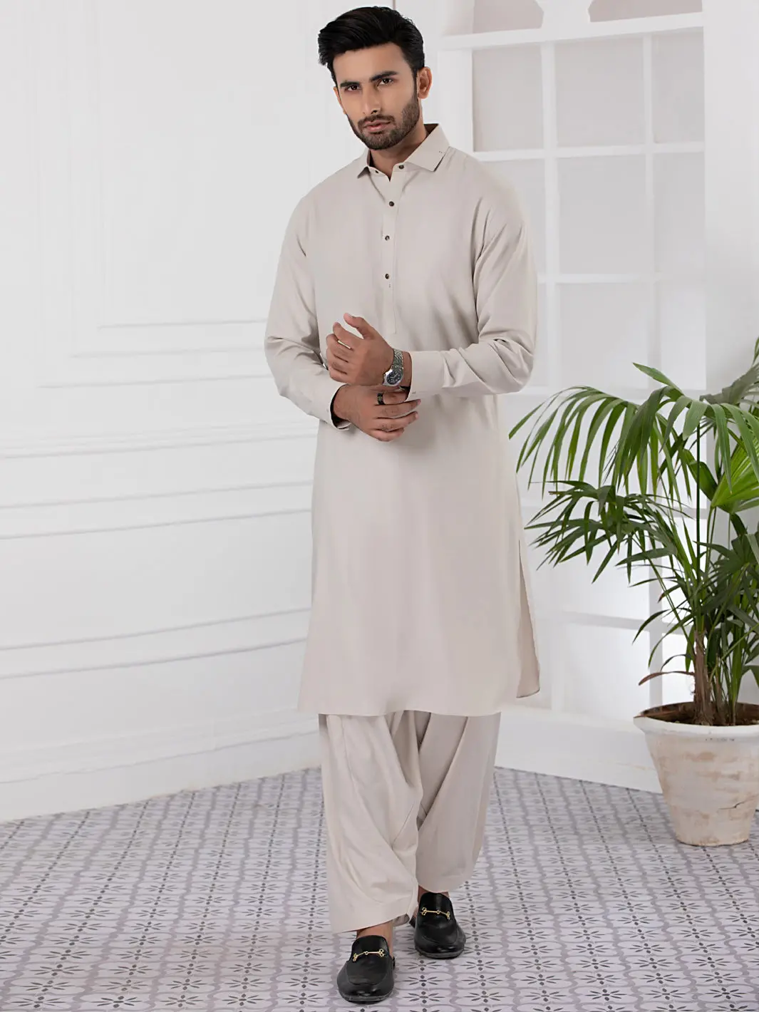 Beige Blended Kameez Shalwar - Alwa-Ks-338 1