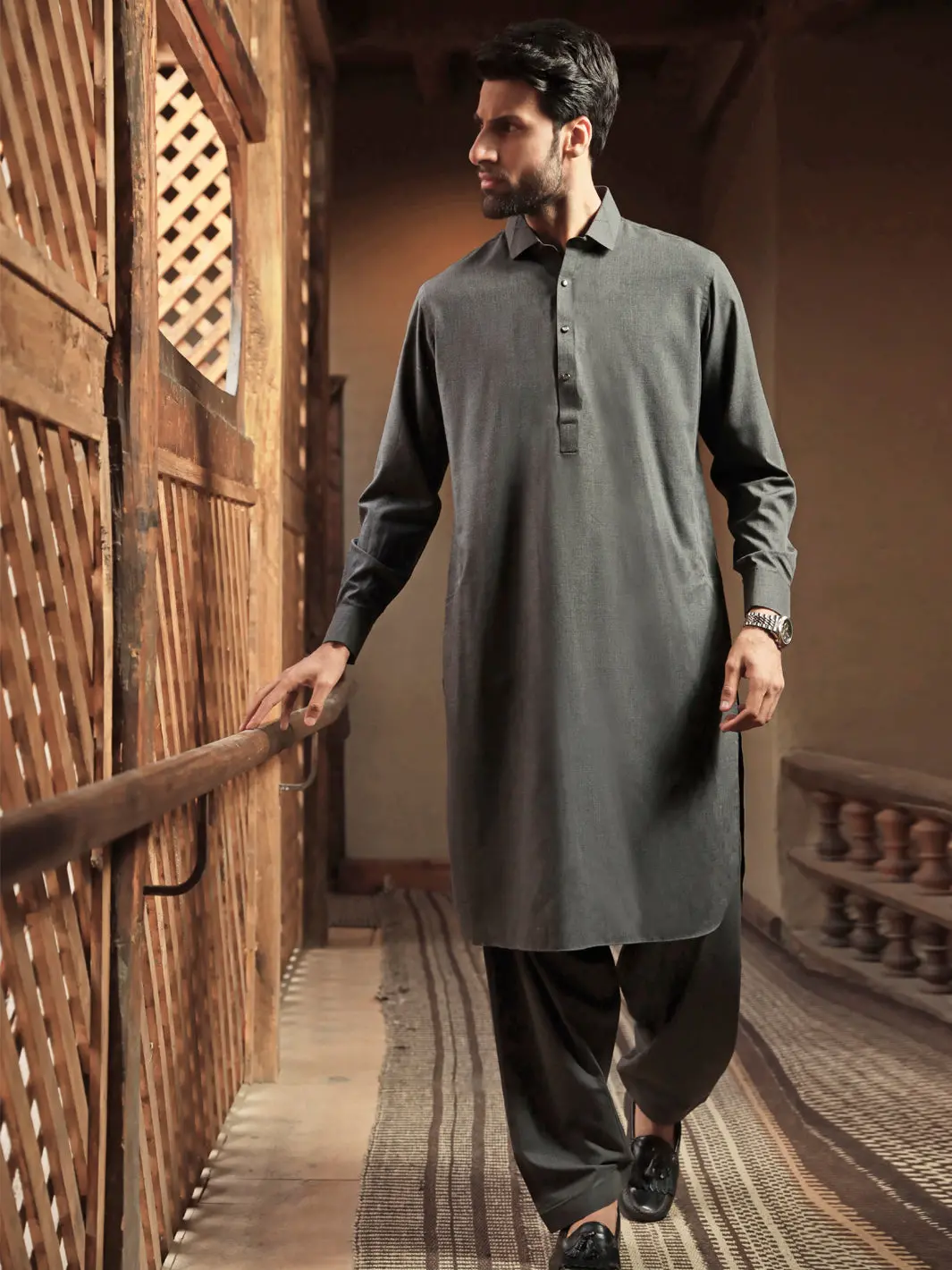 Charcoal Grey Blended Kameez Shalwar - Alwa-Ks-314 1