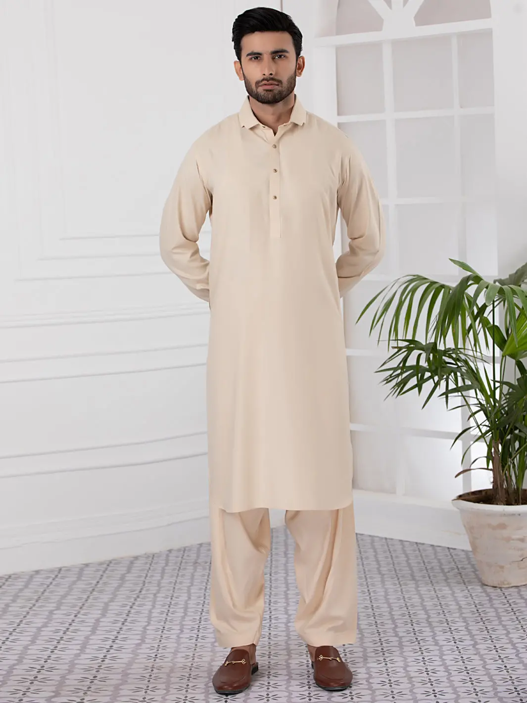 Beige Blended Kameez Shalwar - Alwa-Ks-337 1