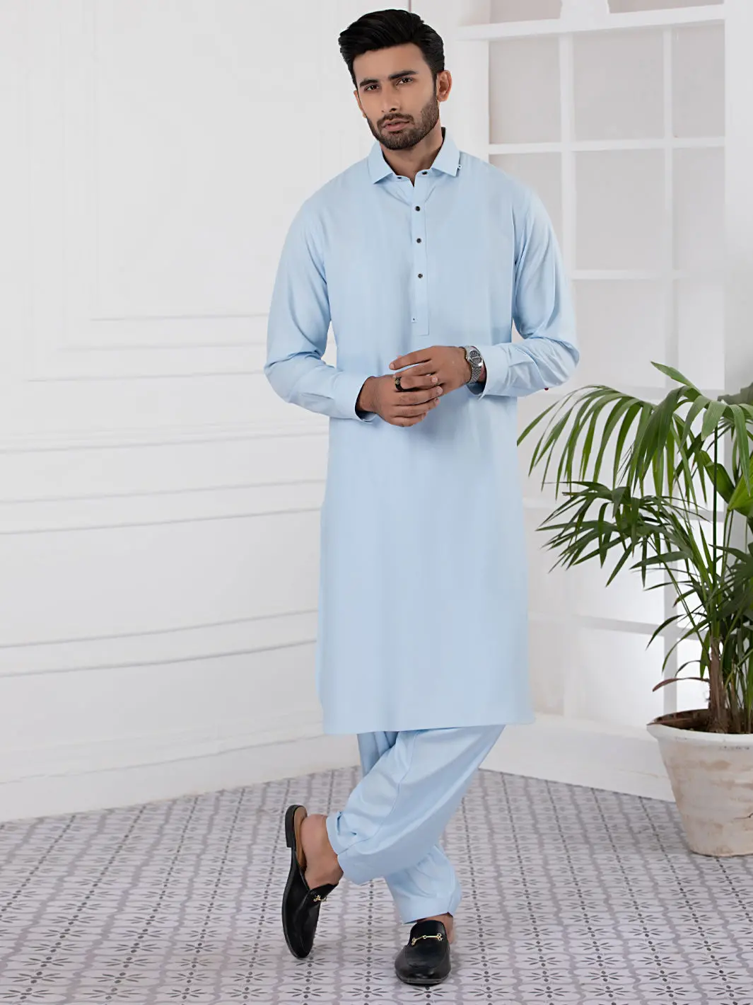 Light Blue Blended Kameez Shalwar - Alwa-Ks-339 1
