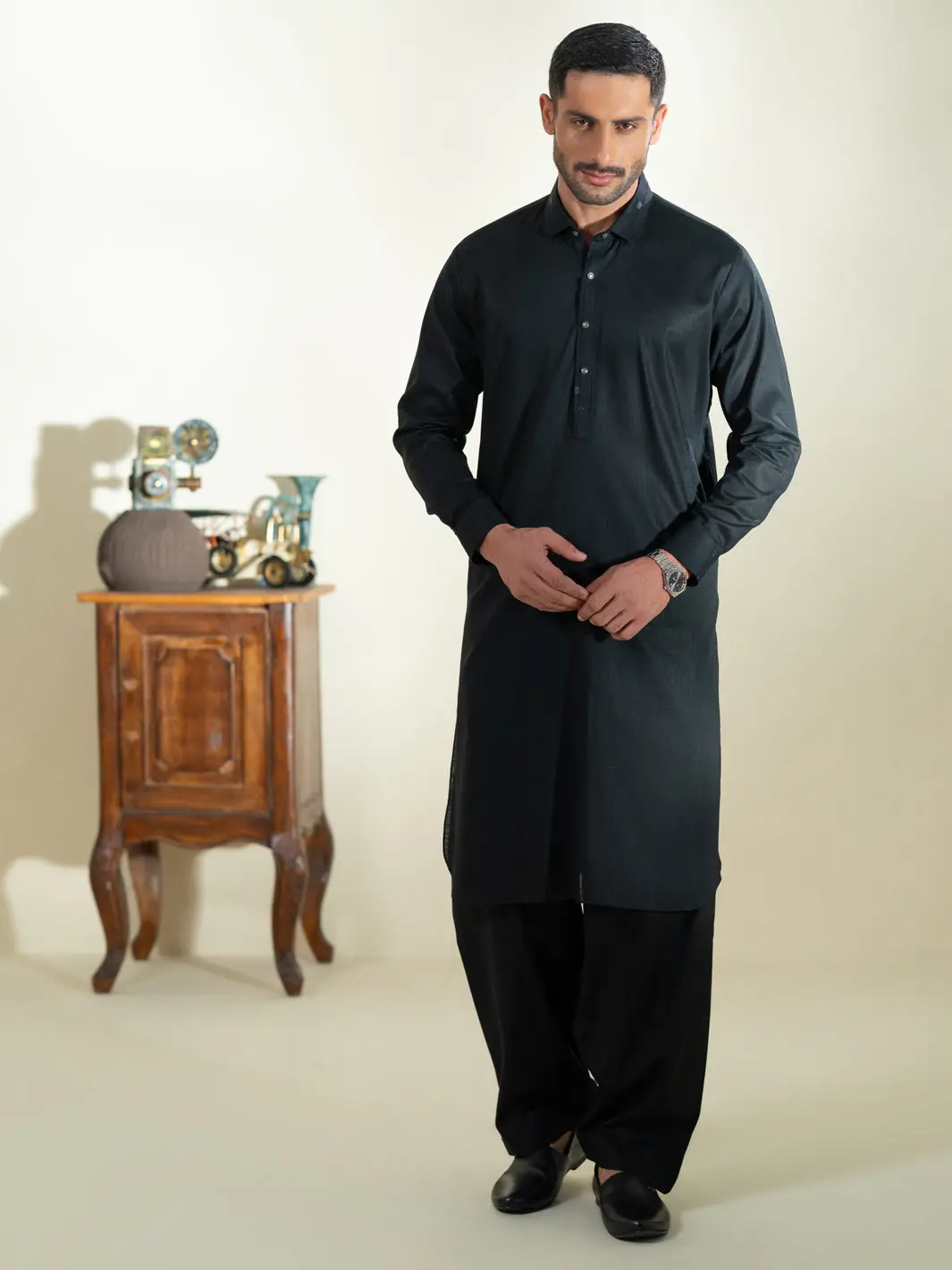 Black Cotton Kameez Shalwar - Alwa-Ks-573 1