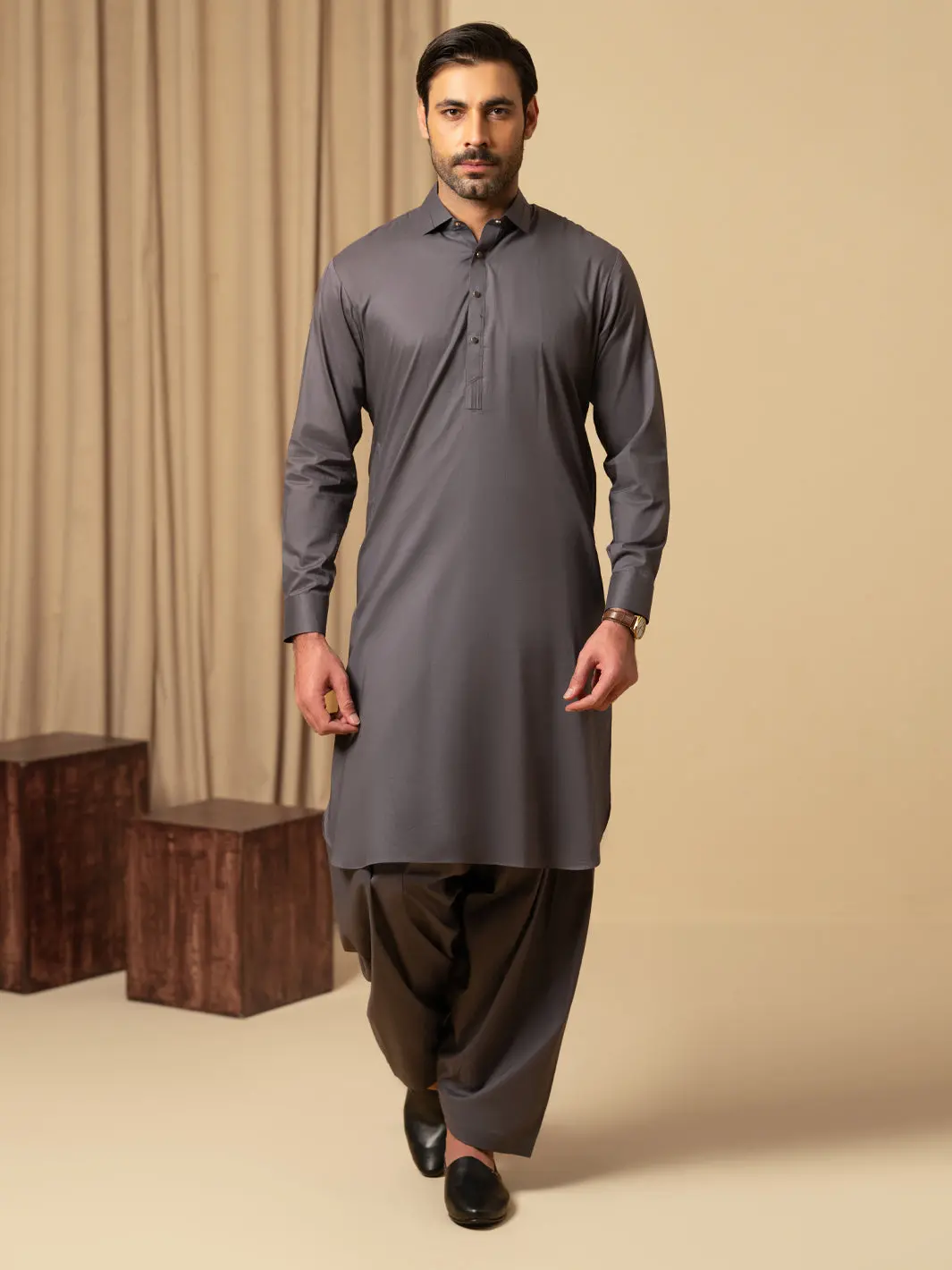 Grey Cotton Kameez Shalwar - Alwa-Ks-576 1