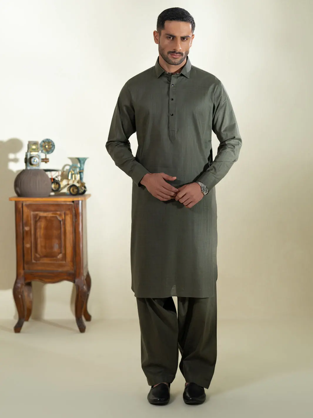 Green Cotton Kameez Shalwar - Alwa-Ks-578 1