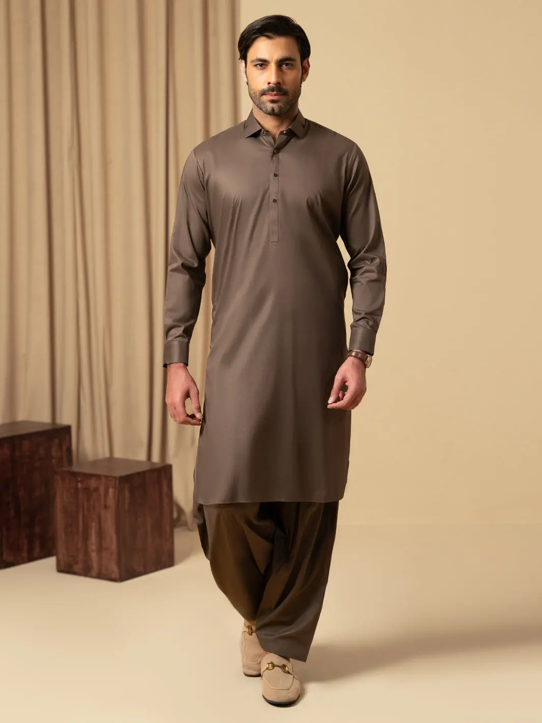Brown Cotton Kameez Shalwar - Alwa-Ks-583 1