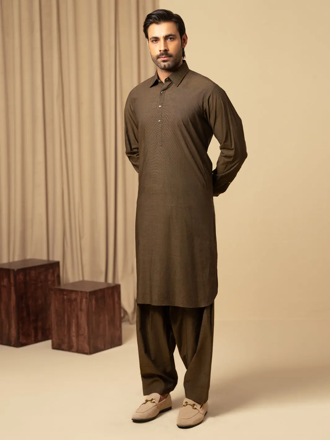 Dark Brown Cotton Kameez Shalwar - Alwa-Ks-585 1
