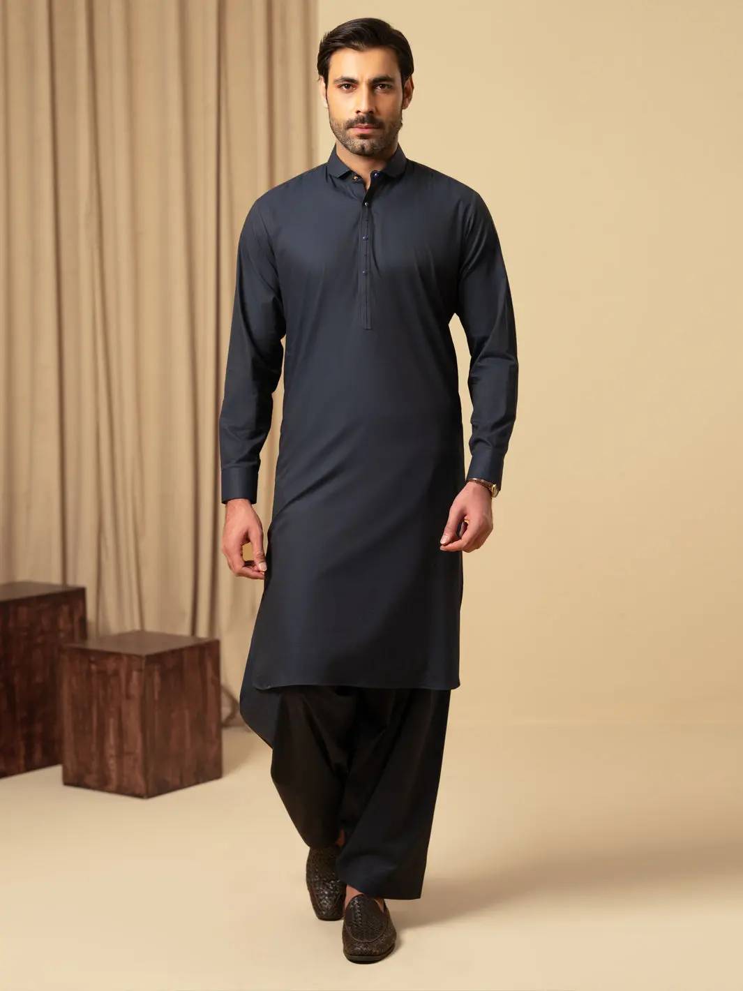 Midnight Blue Cotton Kameez Shalwar - Alwa-Ks-586 1