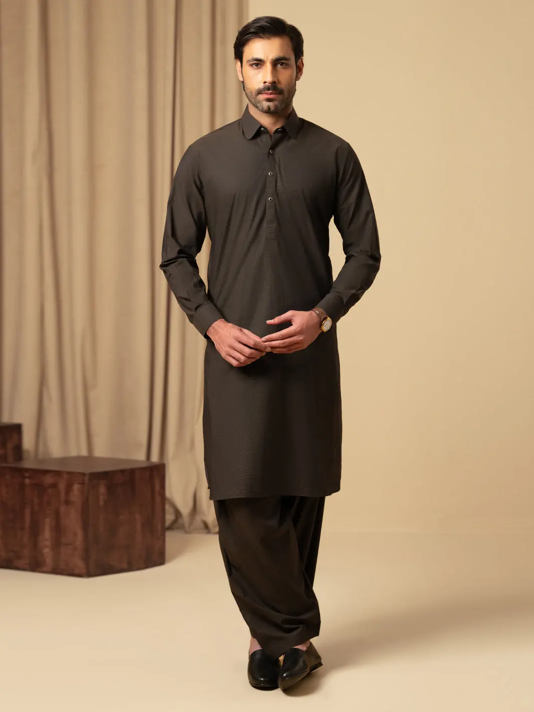 Dark Brown Cotton Kameez Shalwar - Alwa-Ks-587 1