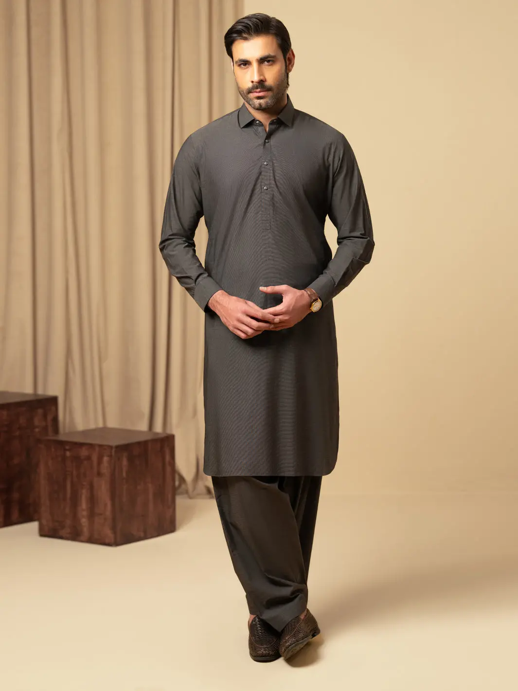 Charcoal Grey Cotton Kameez Shalwar - Alwa-Ks-588 1