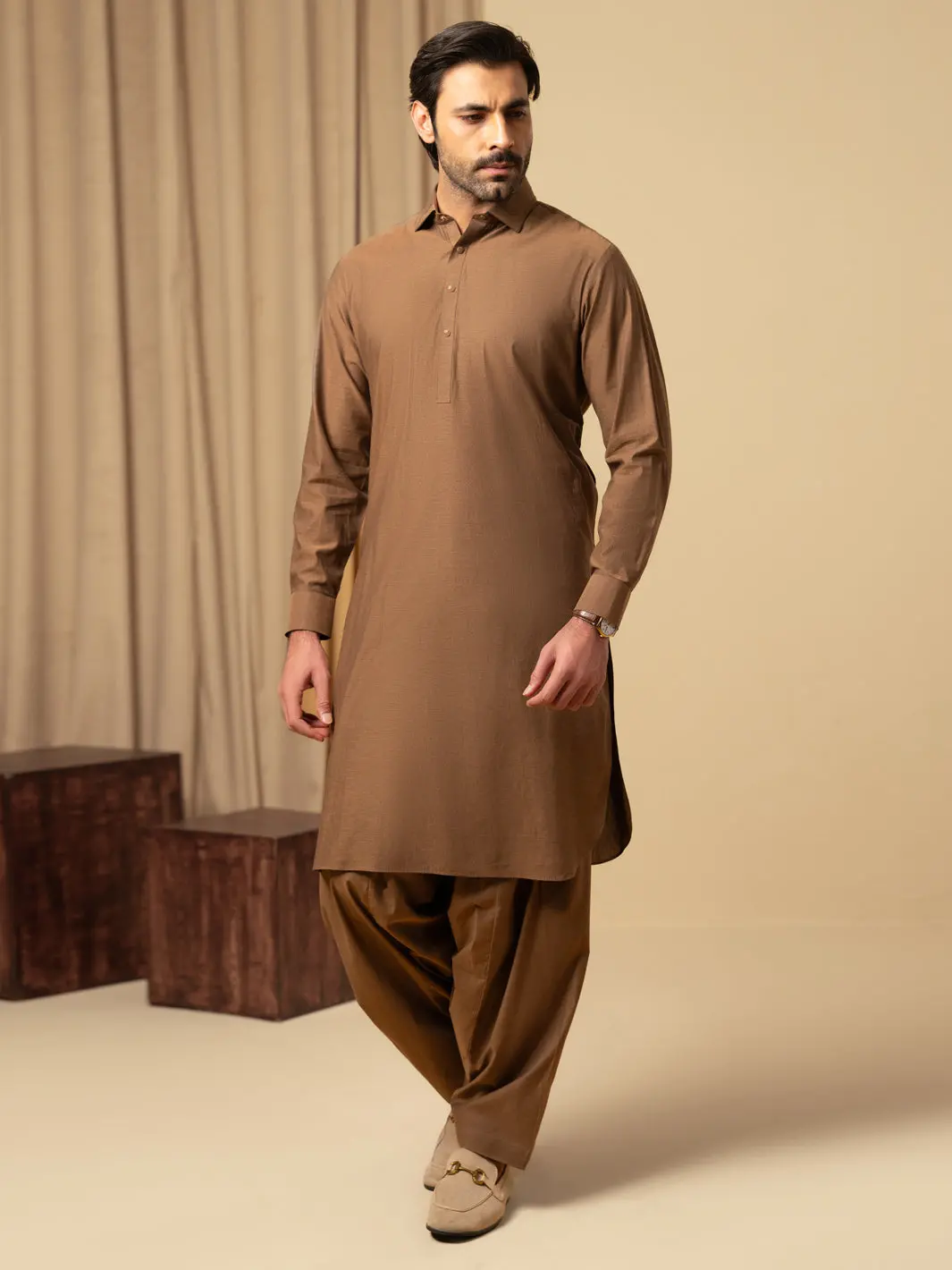 Brown Cotton Kameez Shalwar - Alwa-Ks-589 1