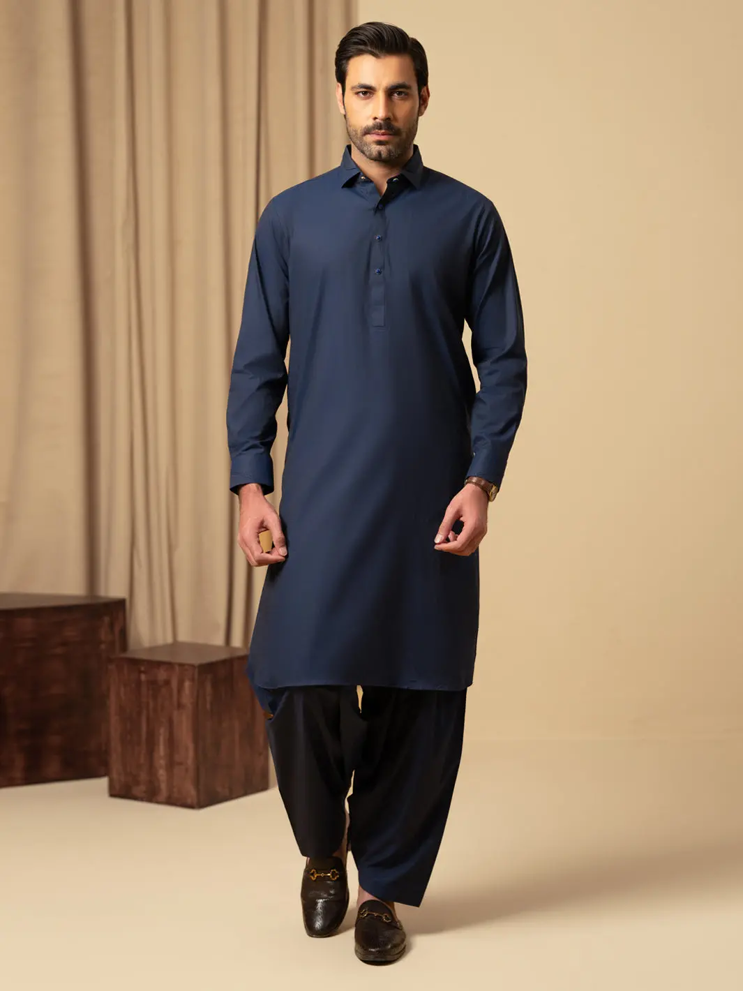 Dark Blue Cotton Kameez Shalwar - Alwa-Ks-590 1