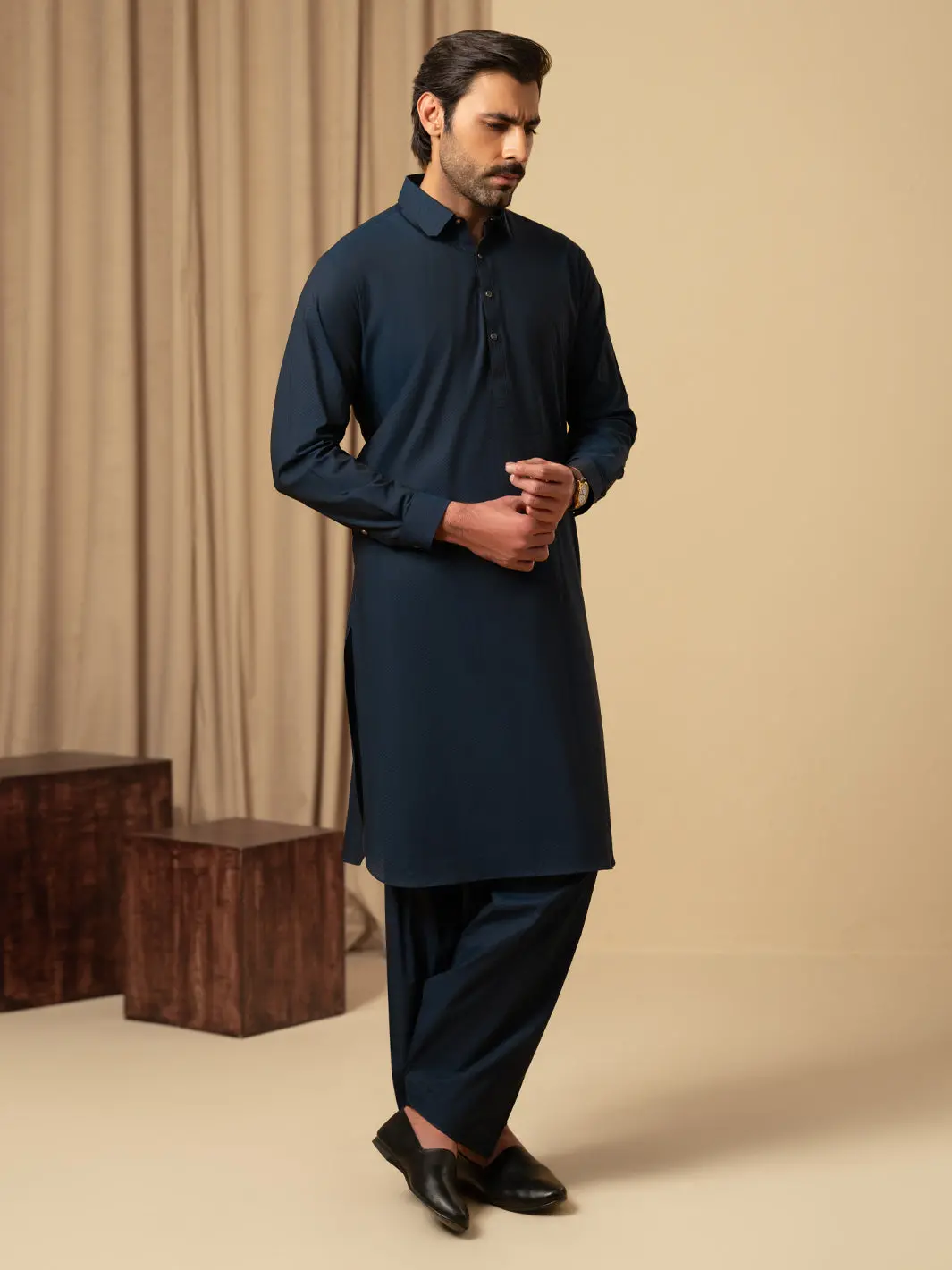 Dark Blue Cotton Kameez Shalwar - Alwa-Ks-596 1