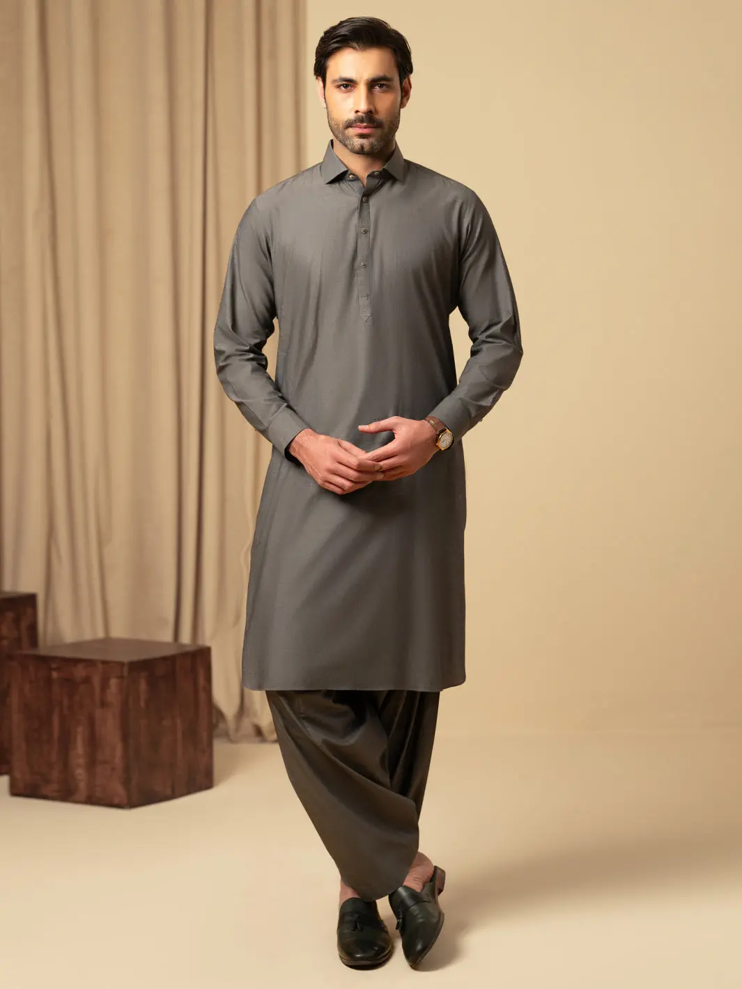 Grey Cotton Kameez Shalwar - Alwa-Ks-597 1