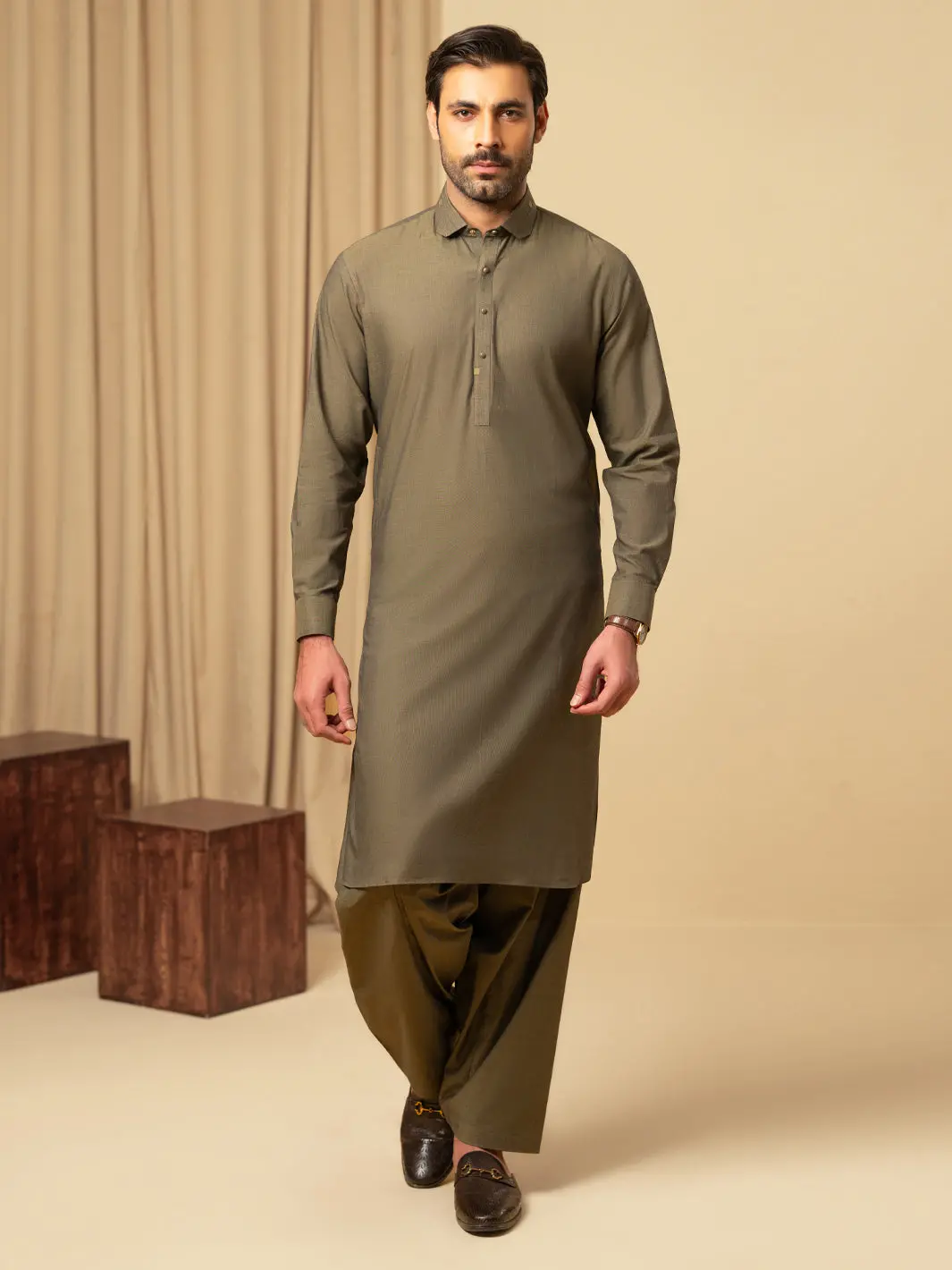 Olive Green Cotton Kameez Shalwar - Alwa-Ks-598 1