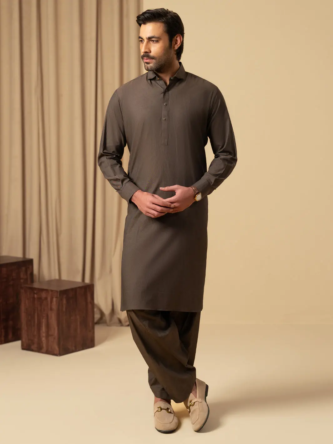 Brown Cotton Kameez Shalwar - Alwa-Ks-599 1