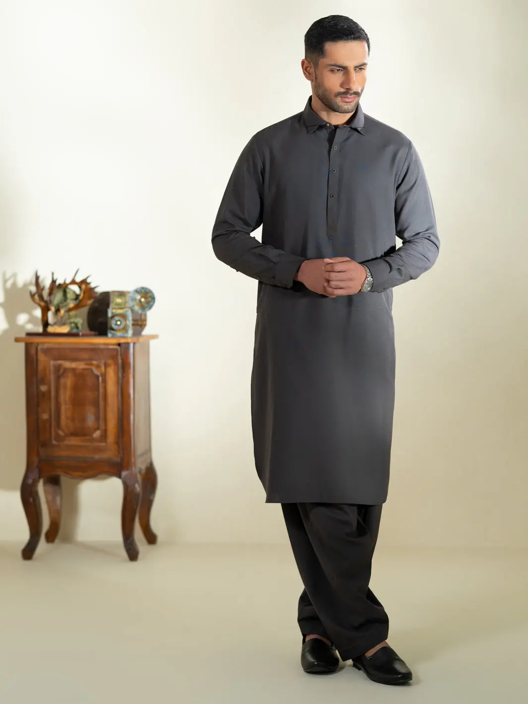 Charcoal Grey Kameez Shalwar - Alwa-Ks-605 1