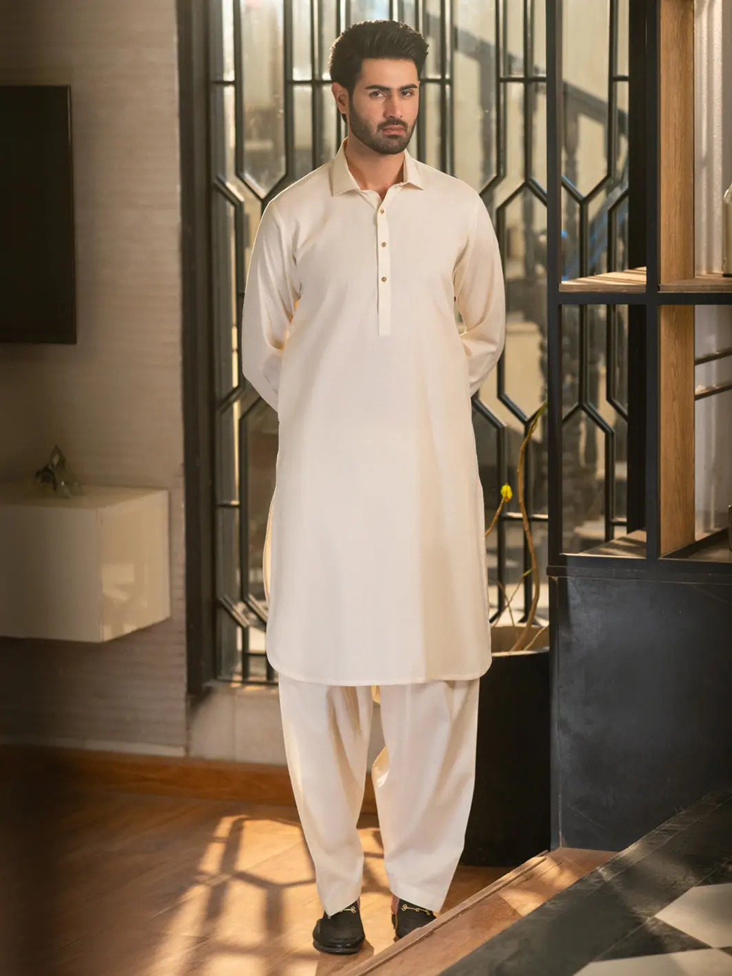 Cream Cotton Plain Kameez Shalwar - Alwa-Ks-611 1